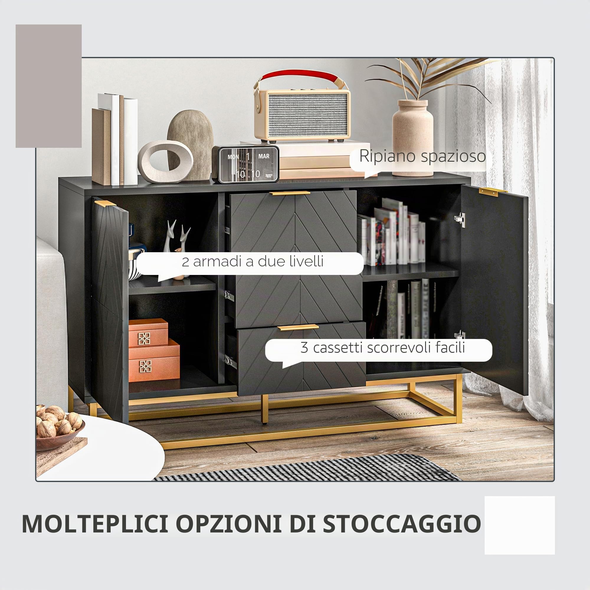 HOMCOM Credenza dal design grafico contemporaneo 2 armadi con ripiani regolabili 3 cassetti scorrevoli in legno nero e metallo dorato