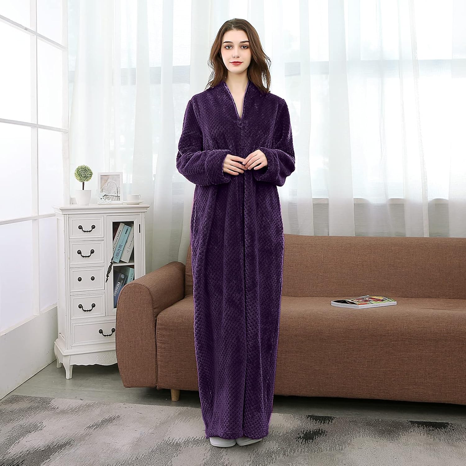 Hellomamma Womens Robes Warm Plush Winter Robe, Zip up Long Fleece Bath Robes Female, Zipper Bathrobes for Women - Image 6