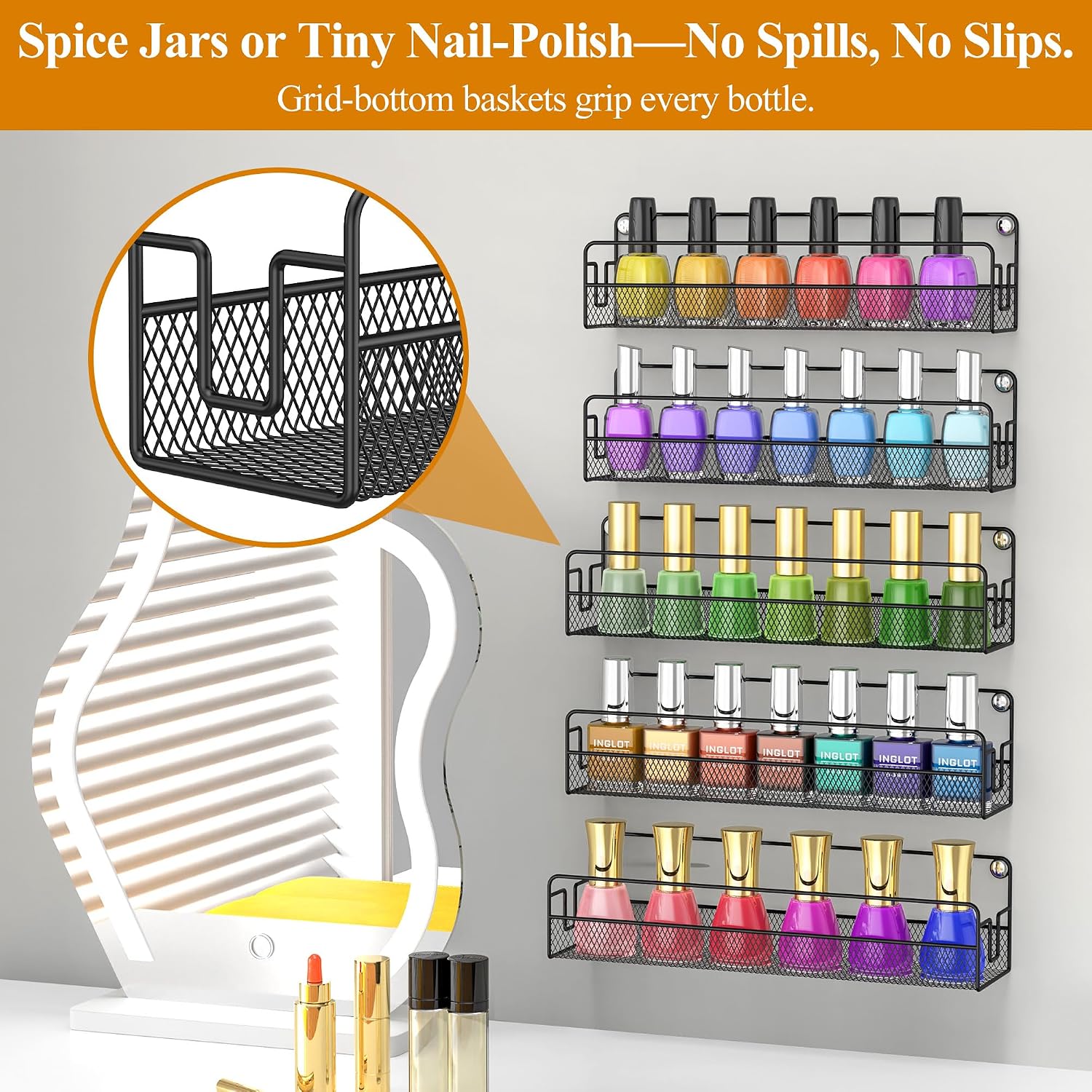Wall Mounted Spice Rack Organizer, Pantry Door Organizer & Hanging Storage Baskets, Metal Spice Shelf for Kitchen Cabinet, 3 Depth Sizes Hold Large Jars to Nail Polish Bottles, 5 Pack