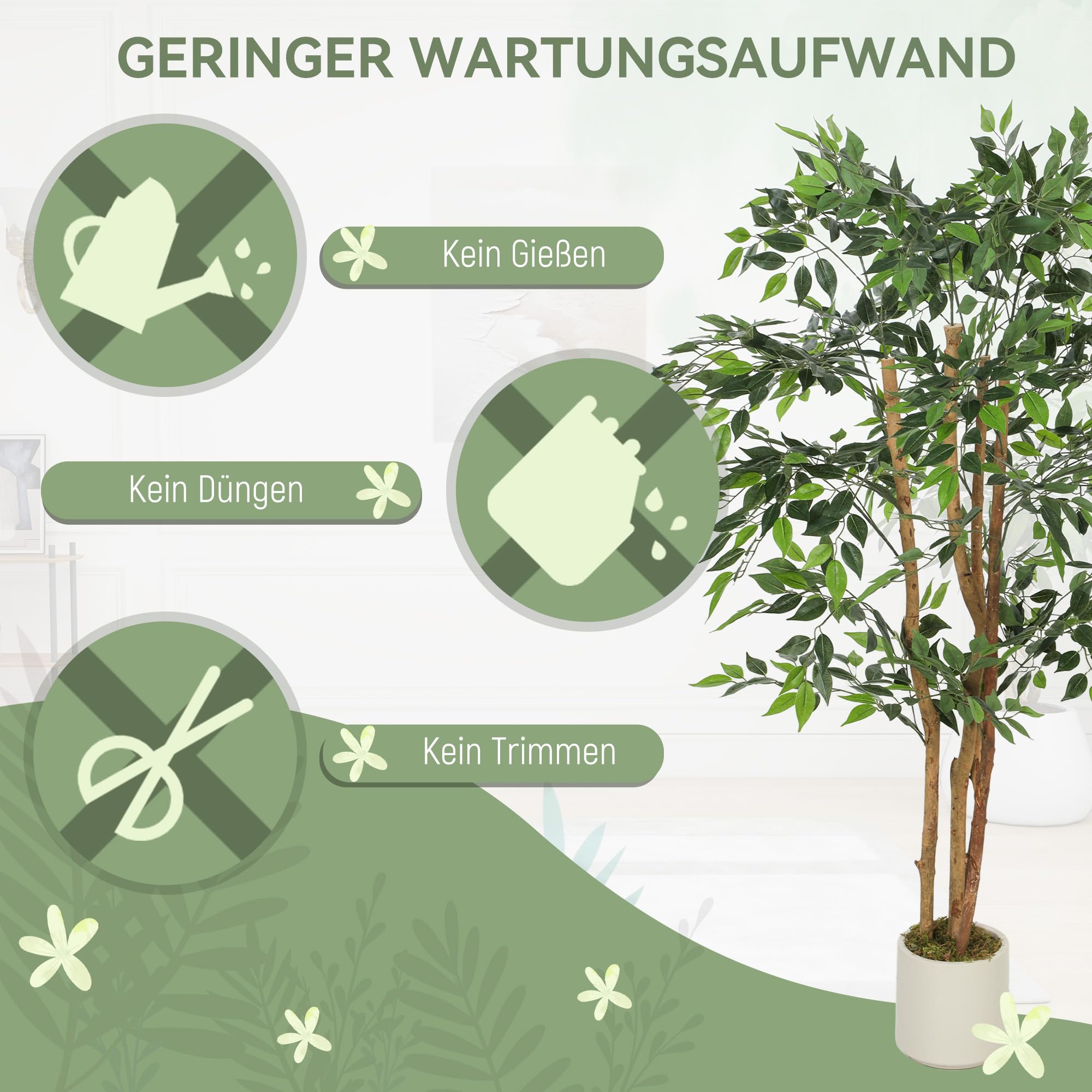 HOMCOM Künstlicher Banyanbaum 150 cm Kunstpflanze mit Massivholzstamm, Topf | Künstliche Pflanze, Plastik wie Echt, Deko für Wohnzimmer Schlafzimmer Büro Garten