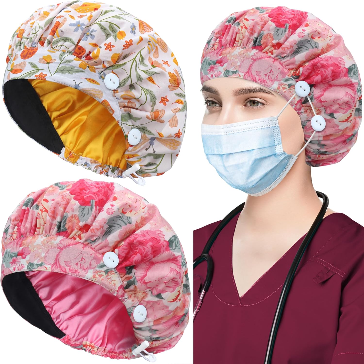 ABAMERICA 2 Pack Bouffant Caps with Button and Sweatband, Adjustable Scrub Caps for Women Men, One Size Multi Color