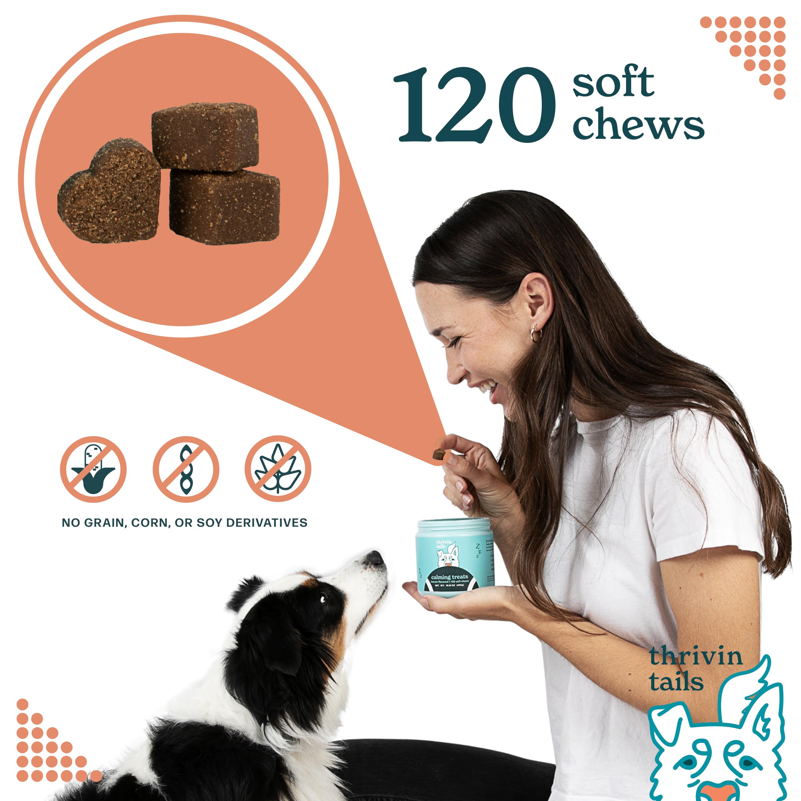 Genérico Thrivin Tails- Masticables calmantes para perros - Alivio de la ansiedad para perros - Golosinas calmantes para perros - Melatonina para perros - Alivio de la ansiedad por separación para