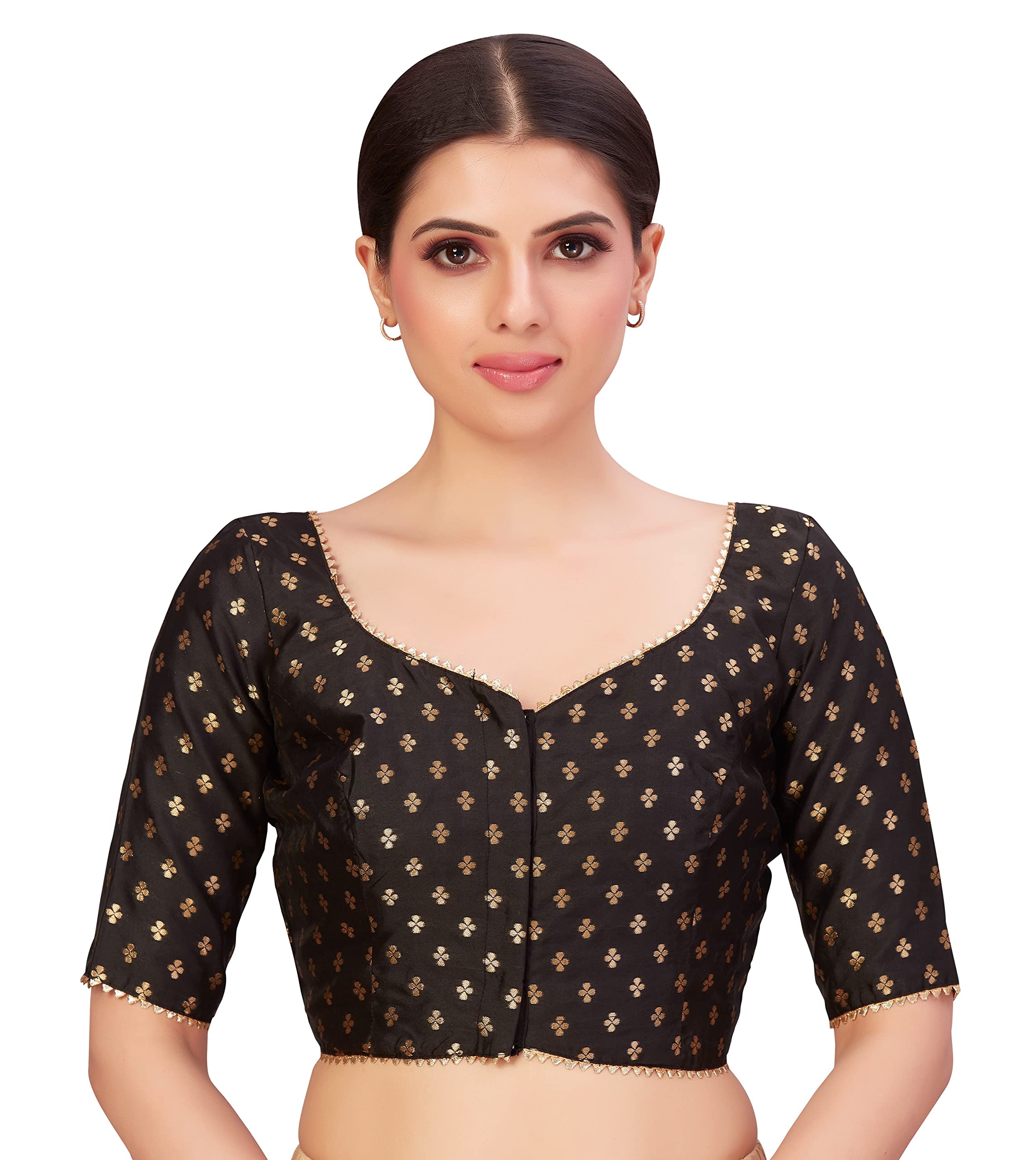 Studio Shringaar Women's Polyester Elbow Length Sleeves Banarasi Saree Blouse