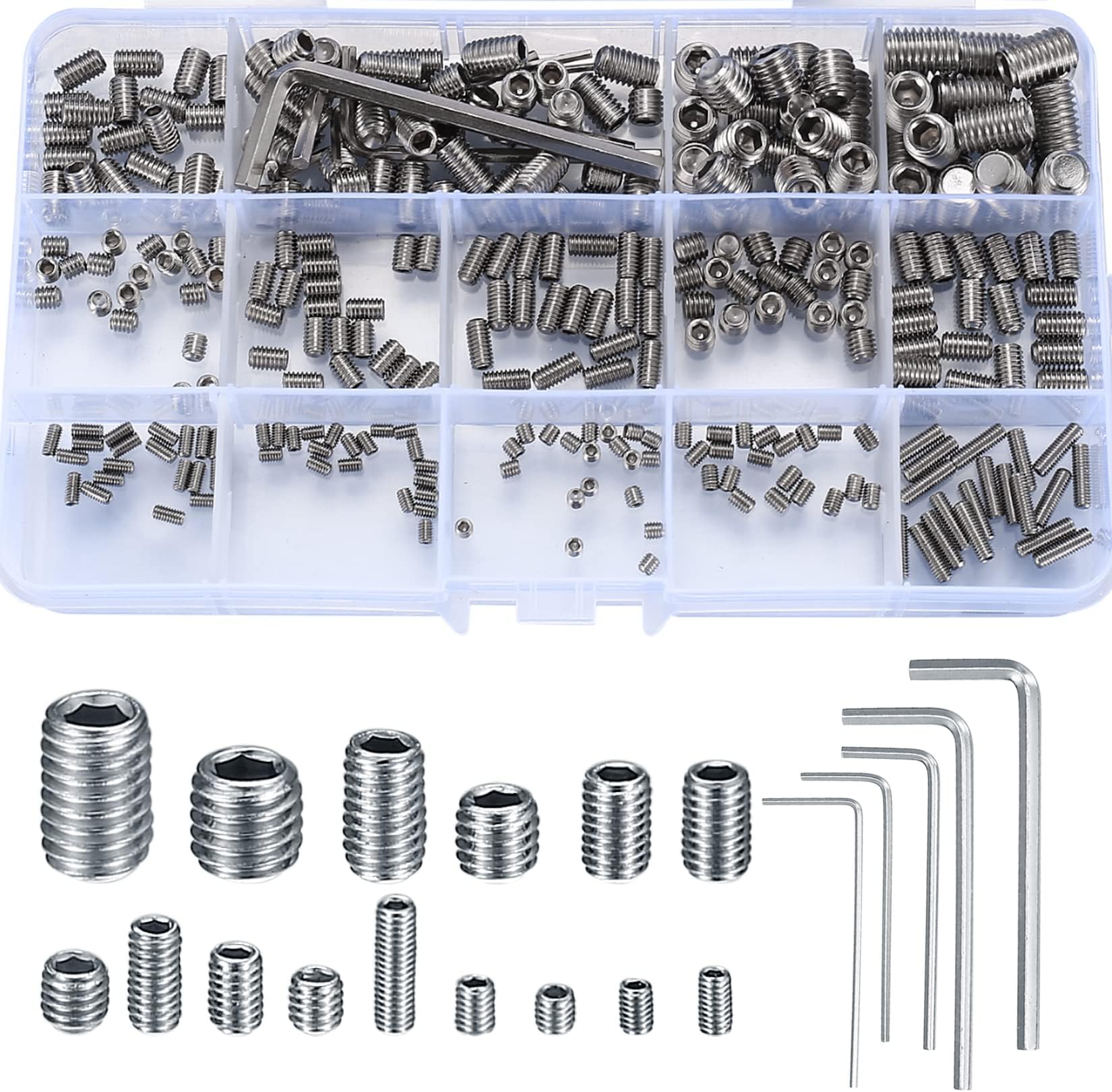 Cents matter Set of 300 Grub Screws Set, Grub Screws Allen Screw Assortment Kit, M2.5 M3 M4 M5 M6 M8 Hex Head Screws with Allen Keys for Door Handle, Door Handle, Bracket (Silver)