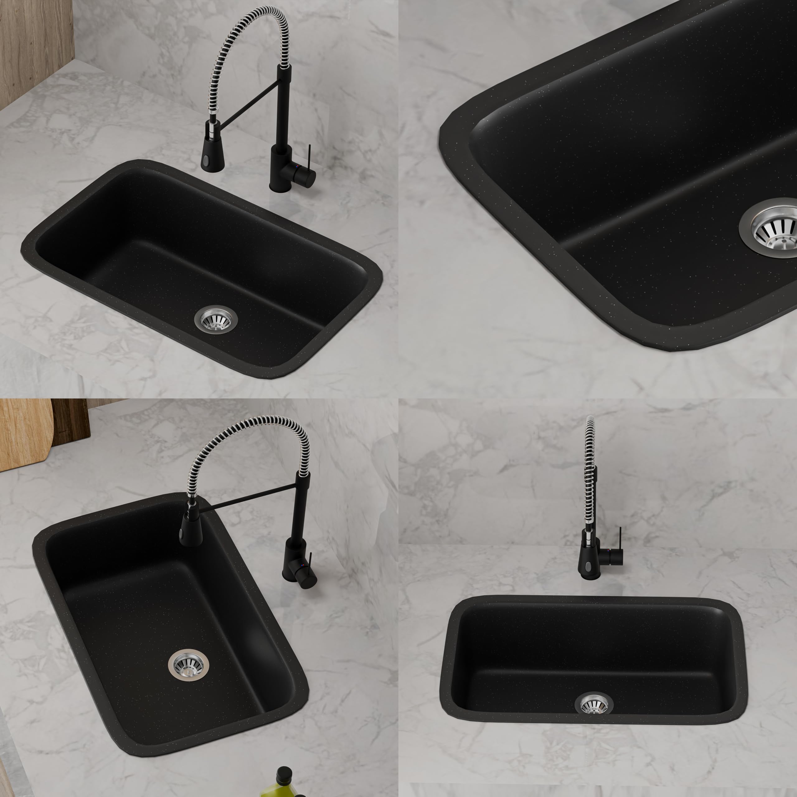 HISRE Quartz Single Bowl Kitchen Sink with Round Corners | 31x19x10 Inches | Noise Reducing Durable Easy to Clean Scratch Resistant Kitchen Sink for Modern Homes | Black, photo 4 of 5