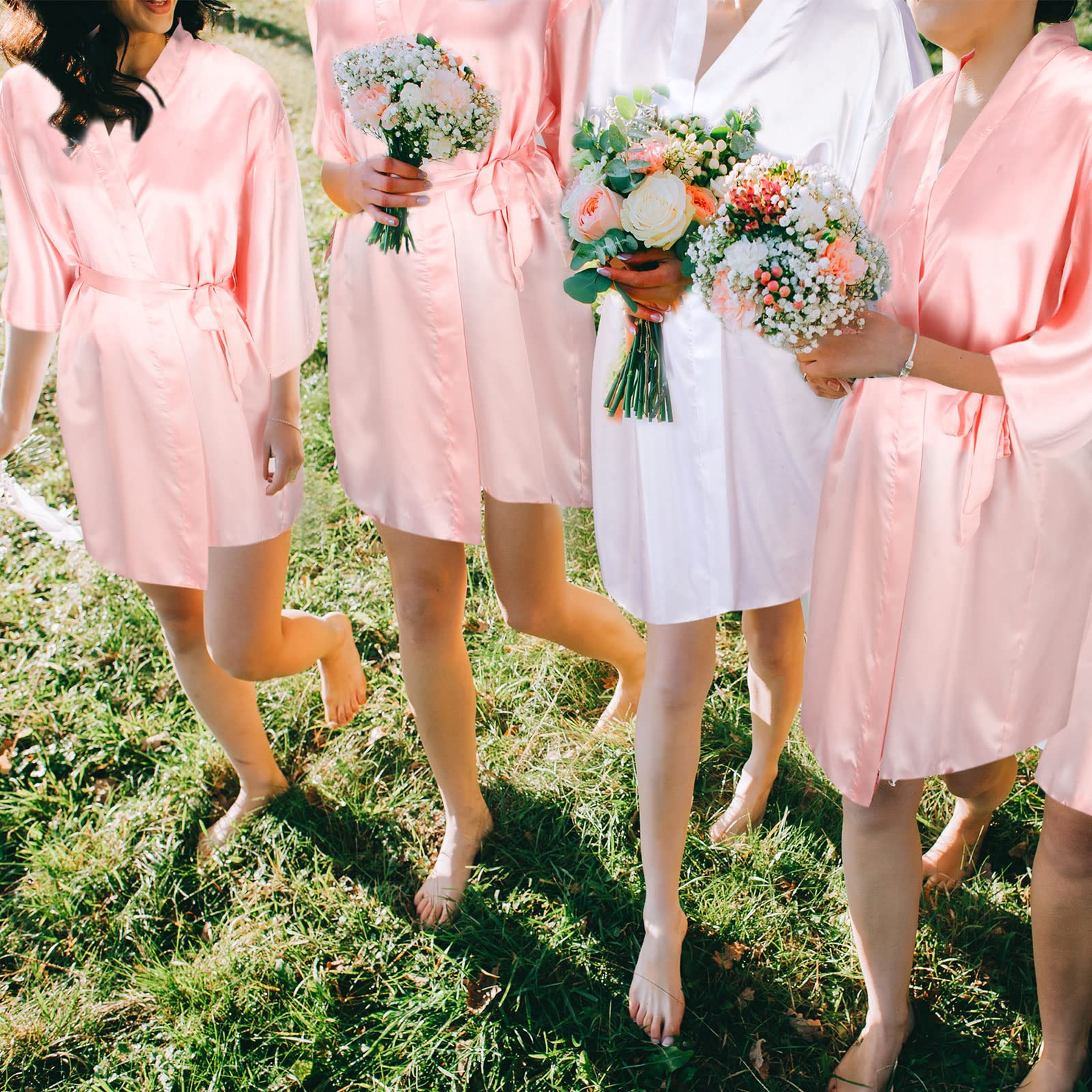 Lot de 7 peignoirs en satin pour demoiselle d'honneur - Pour fête de mariage, blanc/rose, taille unique