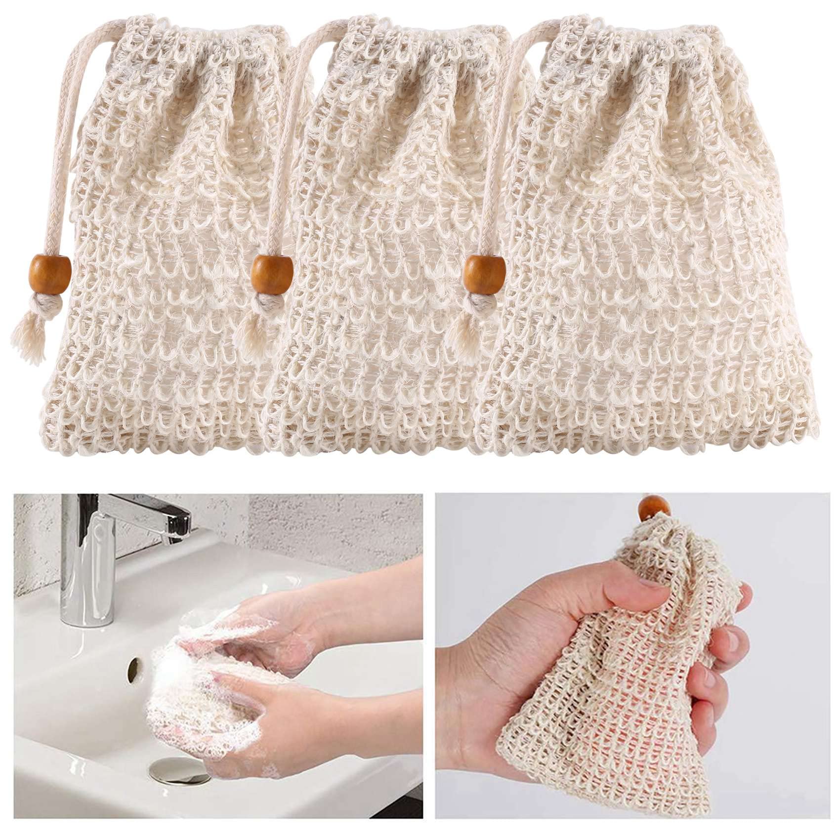Seifenbeutel aus Sisal-Gittergewebe, 40 Stück Seifenschoner mit Kordelzug für Aufbewahrung und Dusche, Multifunktionale Seifenabschälbeutel zum Peeling und Massieren