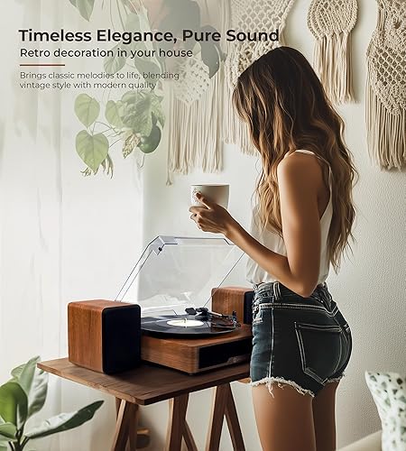 Miniatura 5 de Vangoa Tocadiscos de vinilo con altavoces externos, tocadiscos para discos de vinilo Bluetooth, reproductor LP de 3 velocidades accionado por
