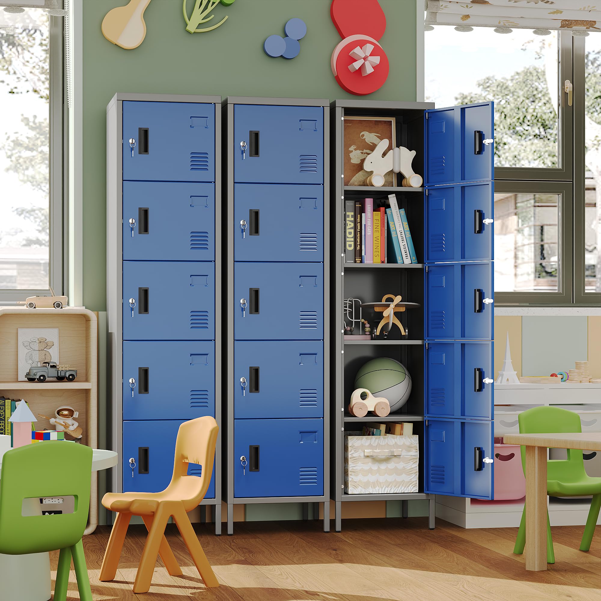 Armadio in metallo con aperture di ventilazione, armadio in metallo a 5 ante con porta badge, adatto per scuola, ufficio e casa, montaggio fai da te, 168 cm x 40 cm x 40 cm, grigio/blu