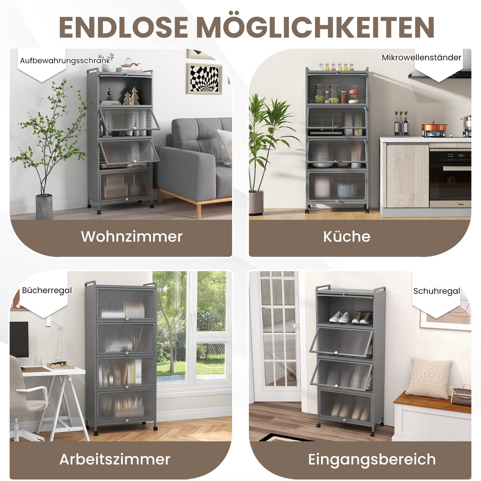 COSTWAY Küchenschrank hoch, Küchenregal mit Rollen, 5-stufig, Mikrowellenständer mit aufklappbaren PC-Türen & Kippschutz, Standregal Hochschrank, für Küche Esszimmer Wohnzimmer (Grau)