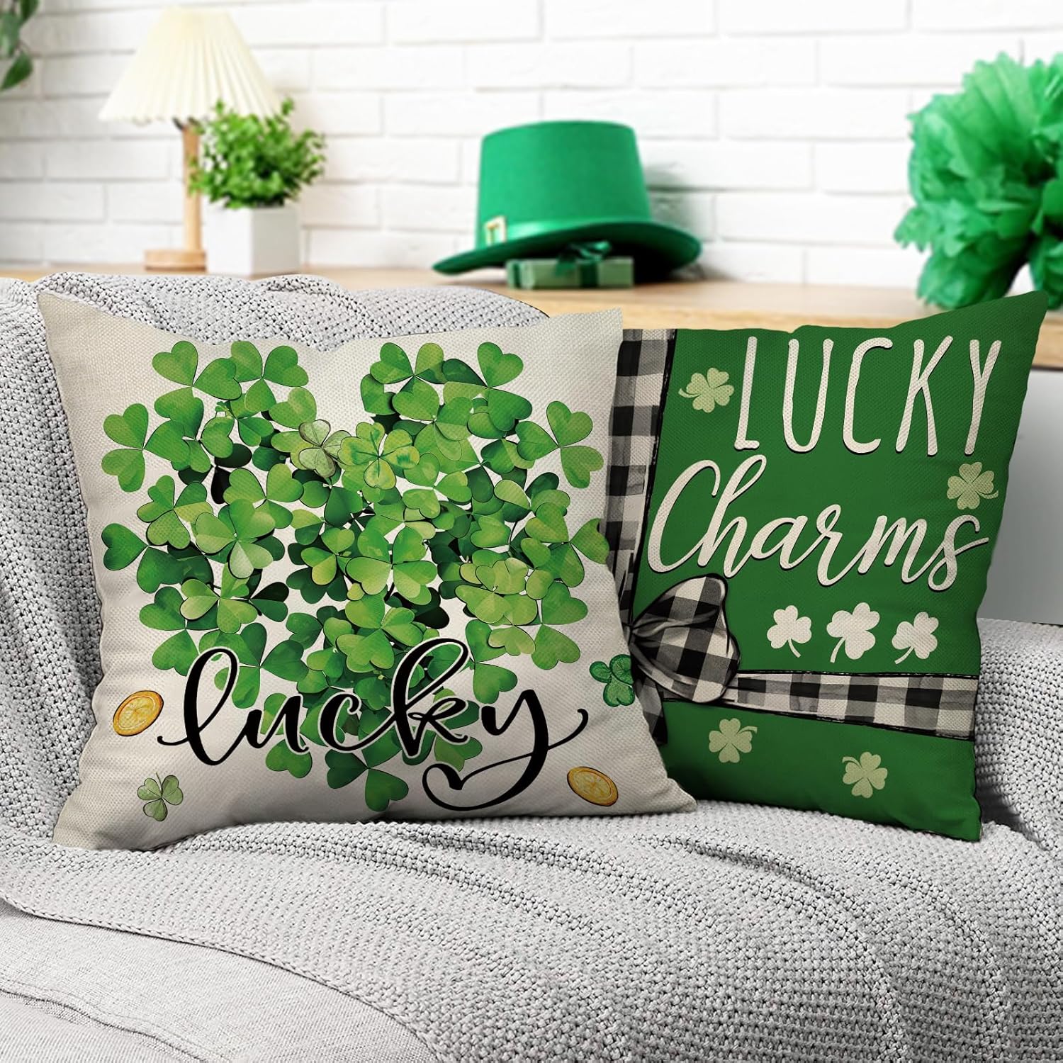 Happy St Patricks Day Decorative Throw Pillow Covers 18 x 18 Set of 4, Lucky Charm Shamrock Clover Mason Jar Porch Outdoor Home Decor, Plaid Bow Gold Coins Irish Spring Sofa Couch Cushion Case - Image 5