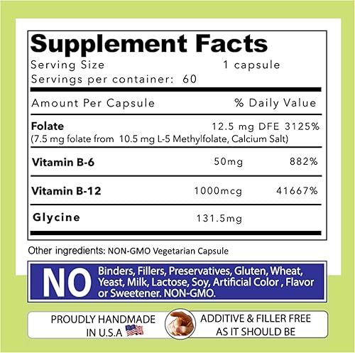 Miniatura 6 de Our Daily Vites - Cofactores de complejo de L-metilfolato B y aminoácidos esenciales (7.5 mg), folato activo, metilcobalamina B12 metilcobalamina,