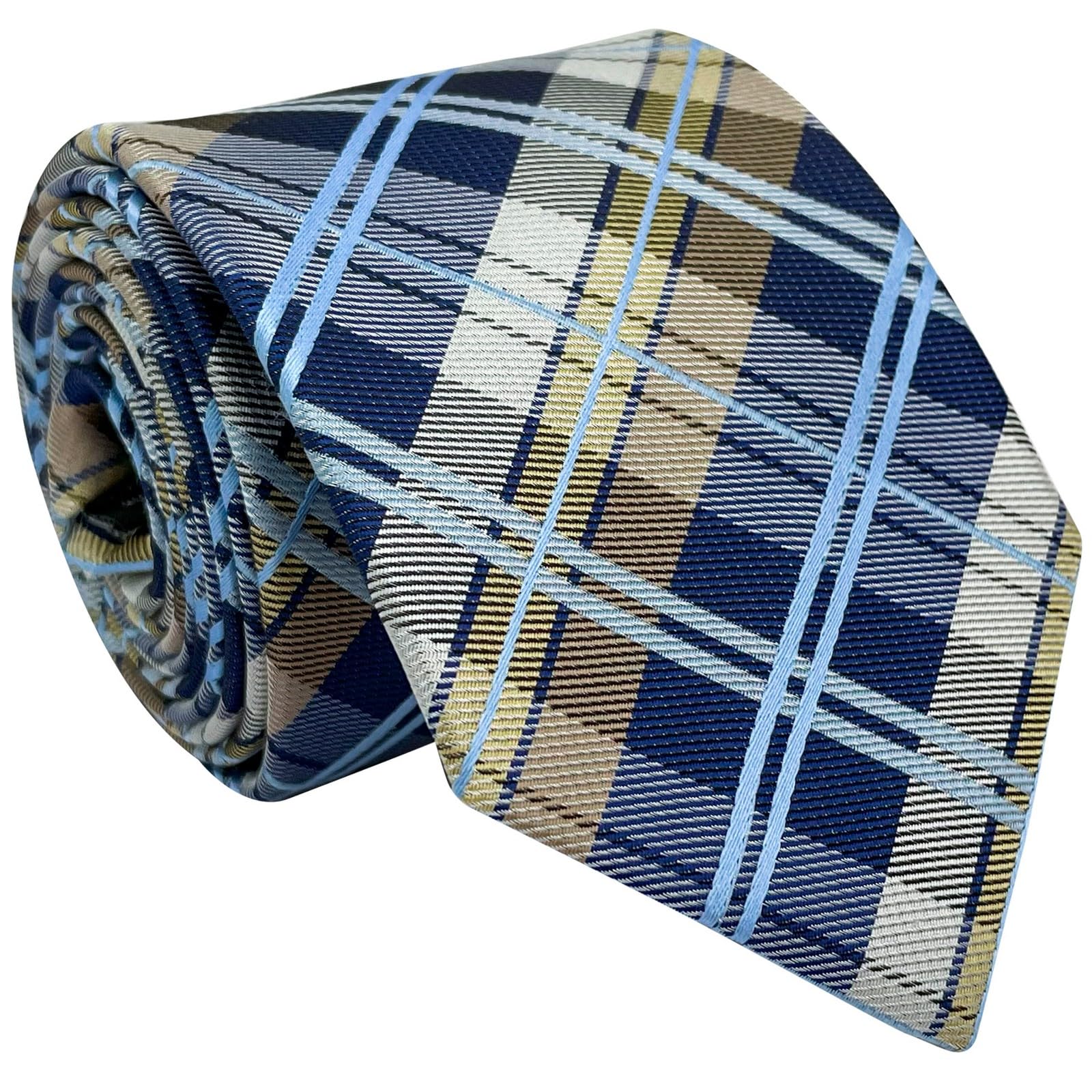 Corbata de microfibra tejida a cuadros tartán para hombre, Azul marino y caqui 3