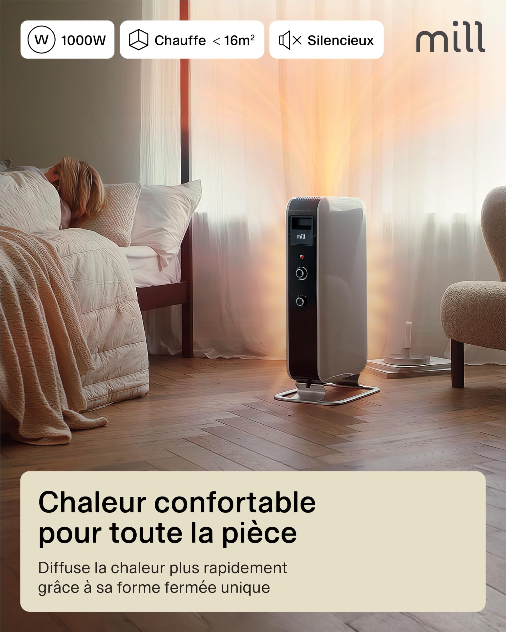 Mill Radiateur à huile bain radiateur de chauffage 1000 W AB-H1000DN Noir (Blanc, 12-16 m2 - MEC)