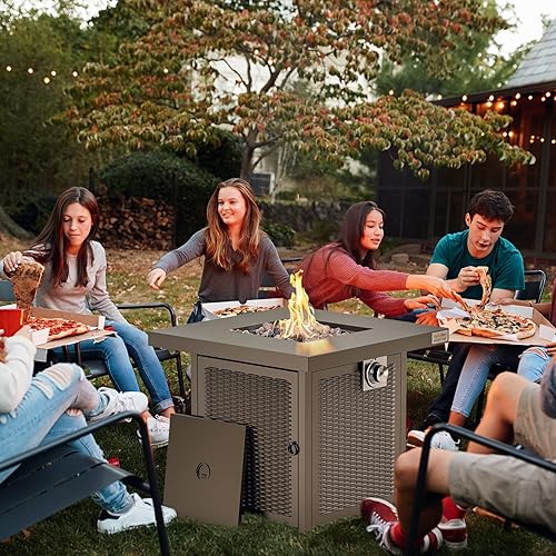 Miniatura 6 de Mesa de fuego de propano, mesa para fogata al aire libre con tapa y roca de lava, chimenea grande de 28 pulgadas con encendido automático 50000 BTU,