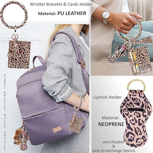 Miniatura 4 de BIHRTC - Pulsera de pulsera llavero titular de la tarjeta brazalete de piel sintética, llavero redondo con soporte para lápiz labial, para niñas,