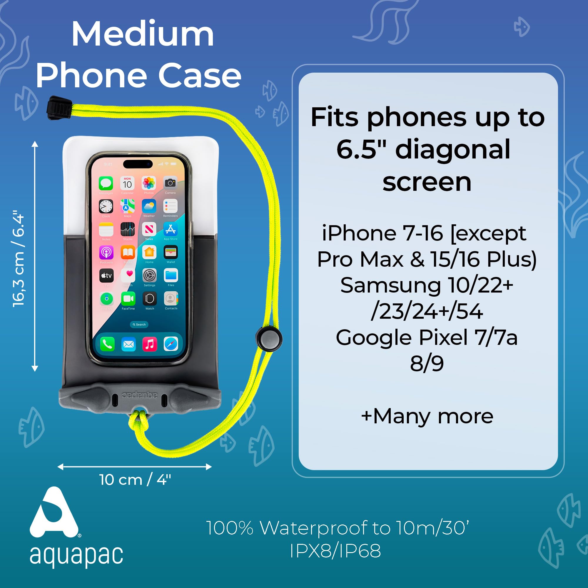 Aquapac Duże rozmiary wodoodporne etui na telefon z kablem - iPhone/Android, wyprodukowane w Wielkiej Brytanii, idealne na wędrówki, MTB, bieganie, akcesoria podróżnicze, średni/niebieskie