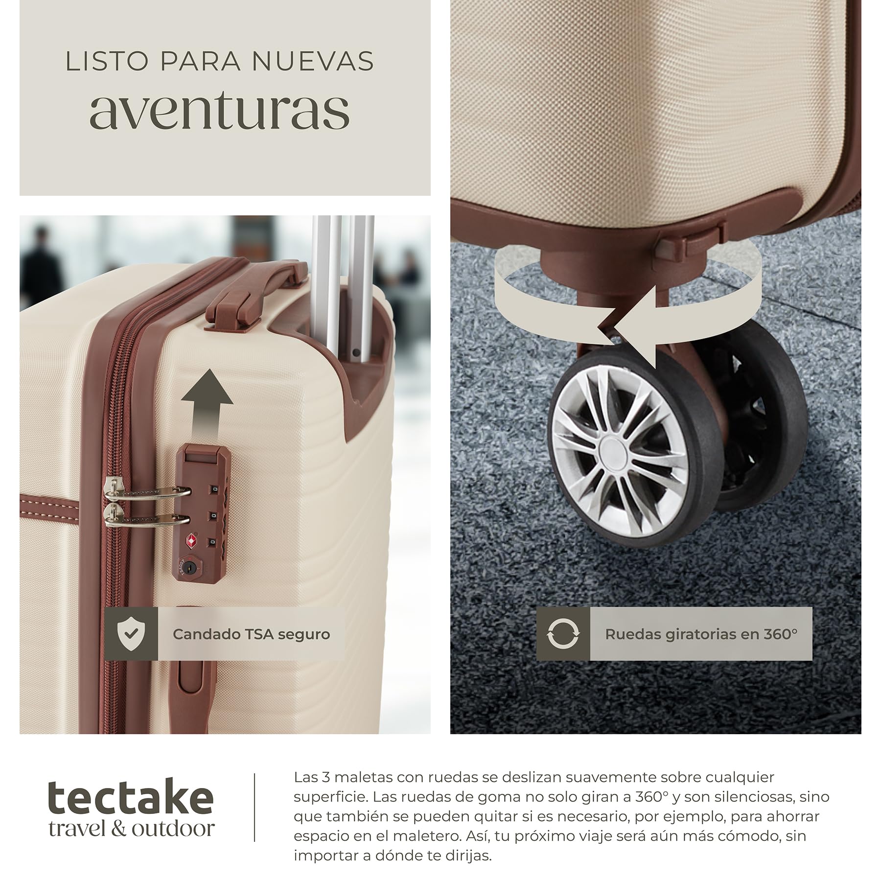tectake® Juego de Maletas de 13 Piezas, Maleta Grande, Mediana y de Mano, Maletas de Viaje en ABS e Imitación Cuero, Cerradura TSA, Ruedas 360°, Set de Maletas Apilables, Accesorios Viaje - Crema