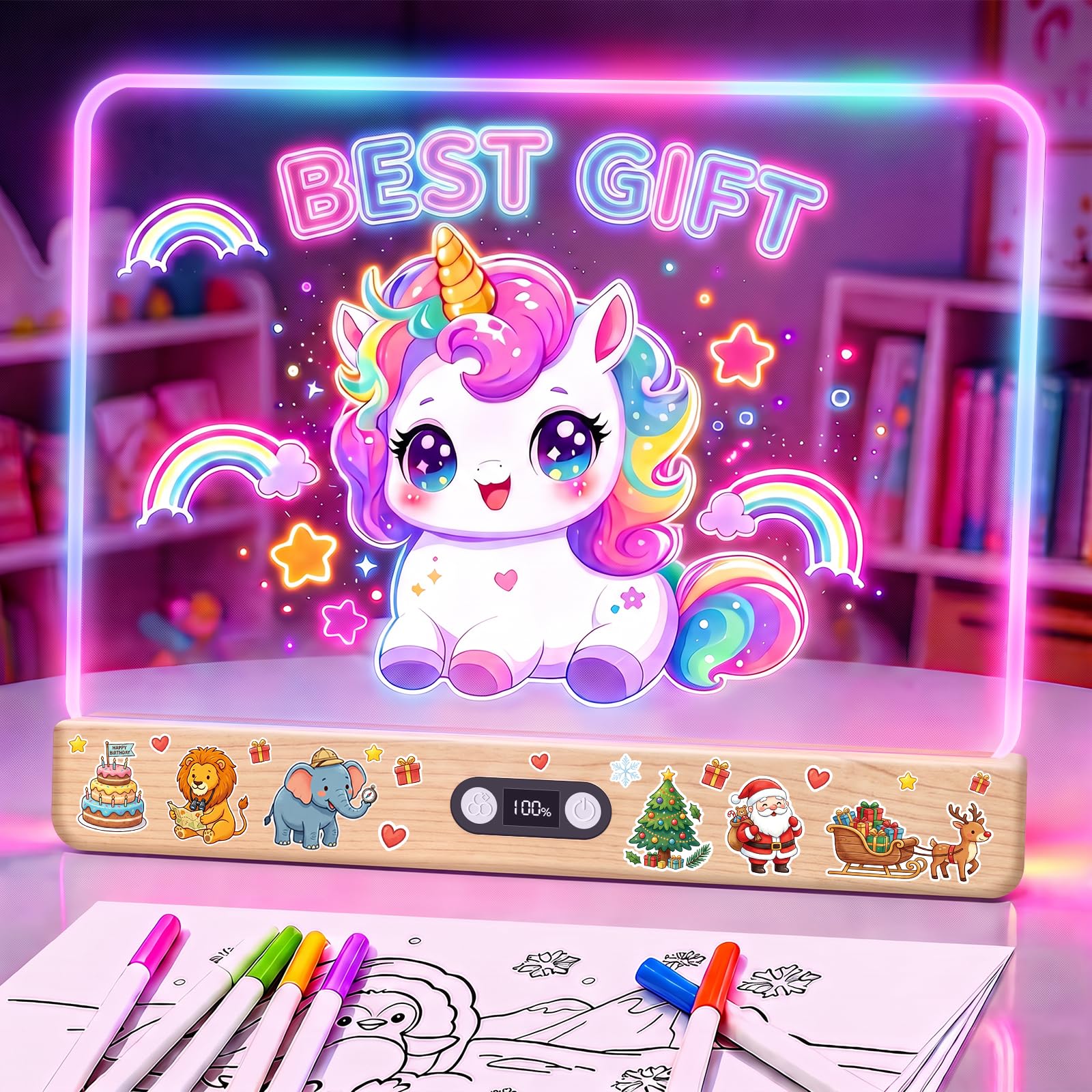 seenlast LED-Zeichenbrett Wiederaufladbares, 8 Lichtmodi & 3 Modi, Neon-Trockenlöschtafel mit Ständer, Leuchtendes Schreib- und Notizboard, Geschenk für Kinder/Mädchen, 7 Stifte & Vorlagenbuch