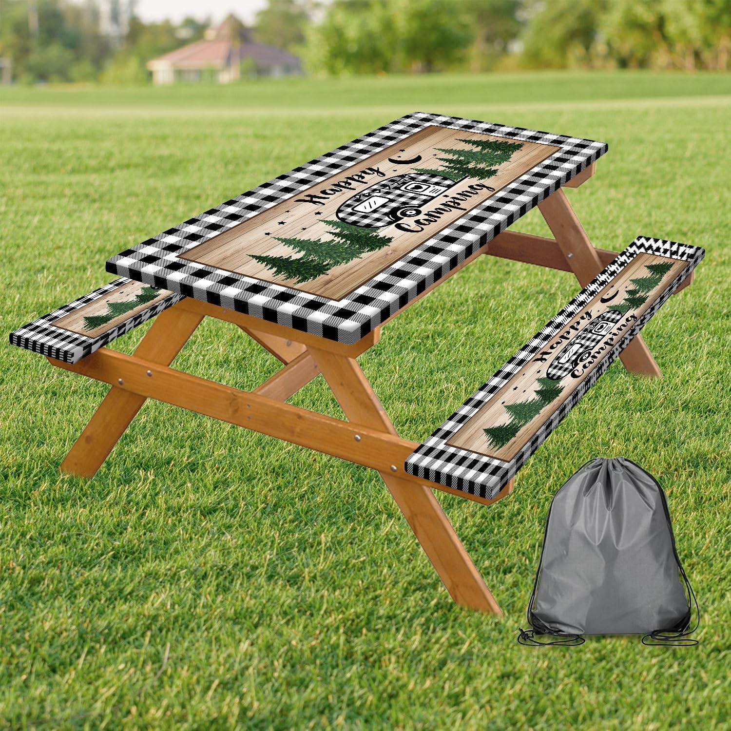 3PCS Picnic Table Cover with Bench Covers Elastic Edges, Farm Plaid Camping RV Waterproof Windproof Tablecloth with Drawstring Bag, Outdoor Patio Camping Essentials, 96in, Black White