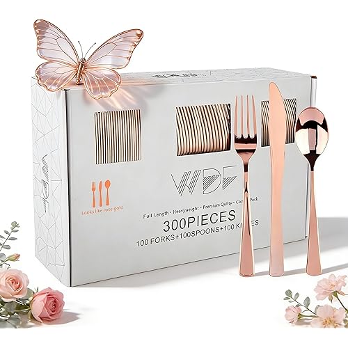 WDF 300 Pieces Rose Gold Plastic Silverware- Disposable Flatware Set - Heavy Duty Plastic Cutlery Includes 100 Forks, 100 Spoons, 100 Knives Perfect for Wedding/Party/Birthday/Mother's Day