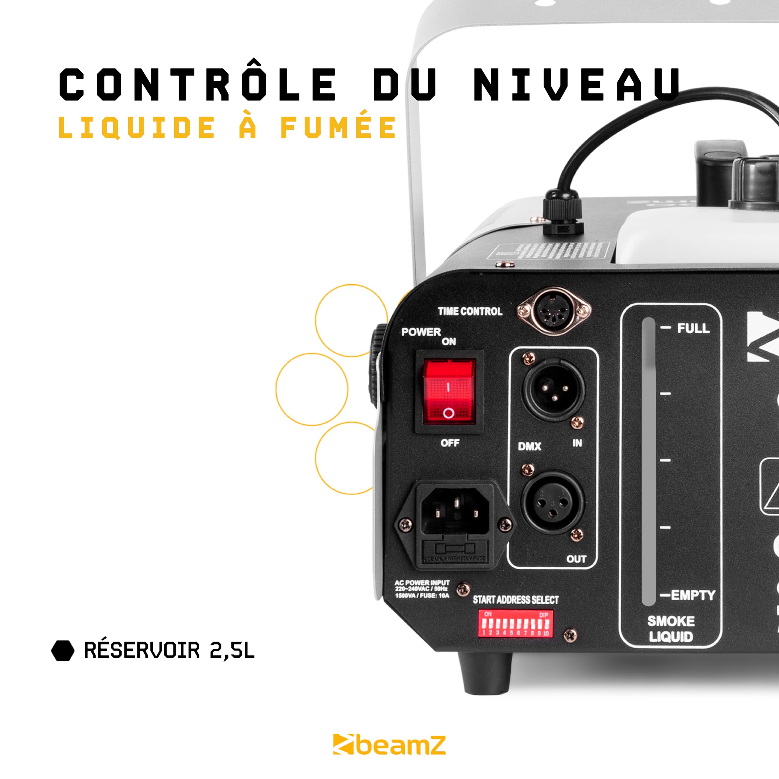BeamZ S1500 Machine à Fumée 1500 Watts, Télécommande avec Contrôle du Débit et Programmateur, Réservoir 2.5 L, Débit par Minute 295m³, Étrier de Montage, Idéal pour Scène ou Discothèque