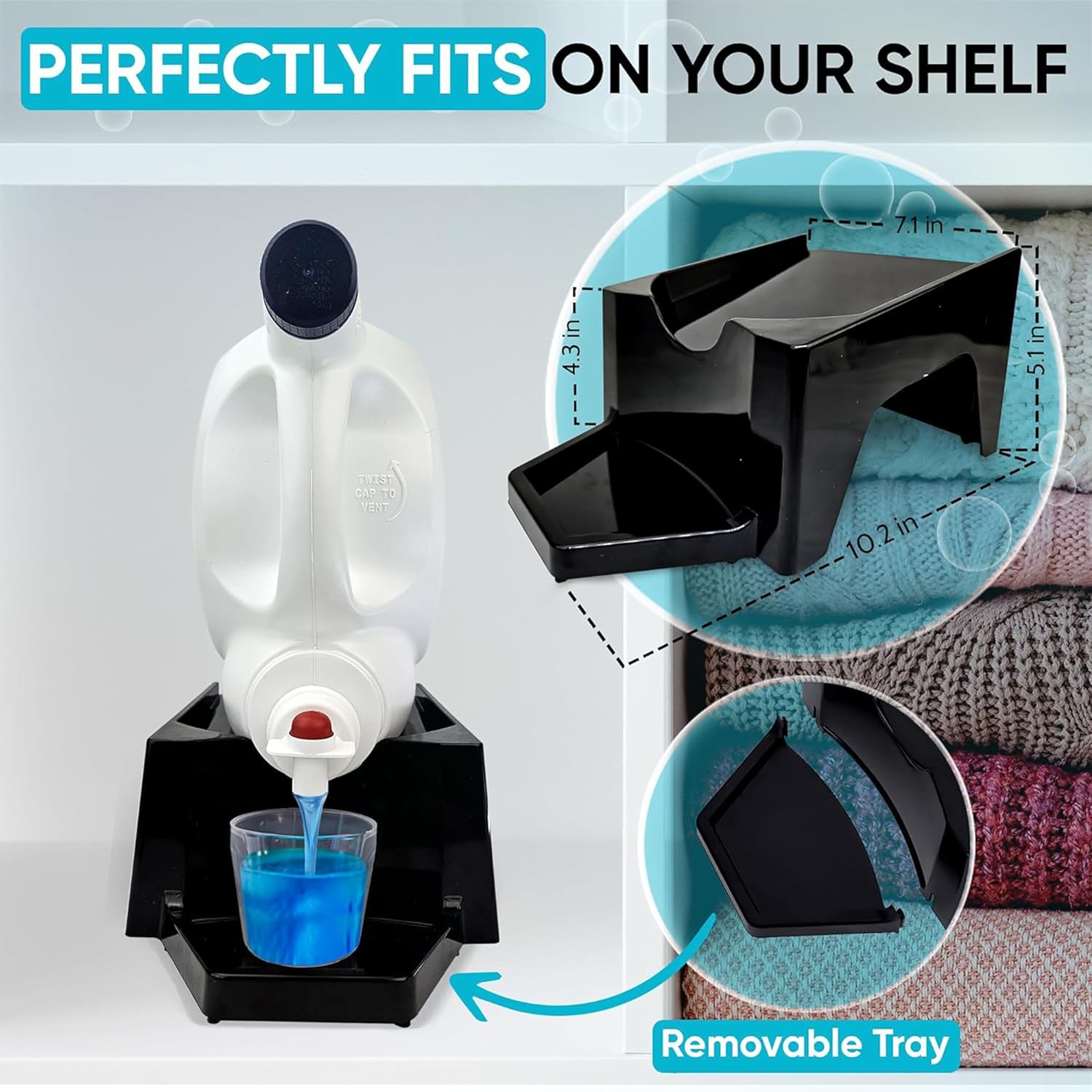 TidyFriend 2 Pack Laundry Detergent Dispenser with Tray, Laundry Soap Dispenser with Non-Slip Rubber Feet for Washing Room Organization, Easy Pour (Black)
