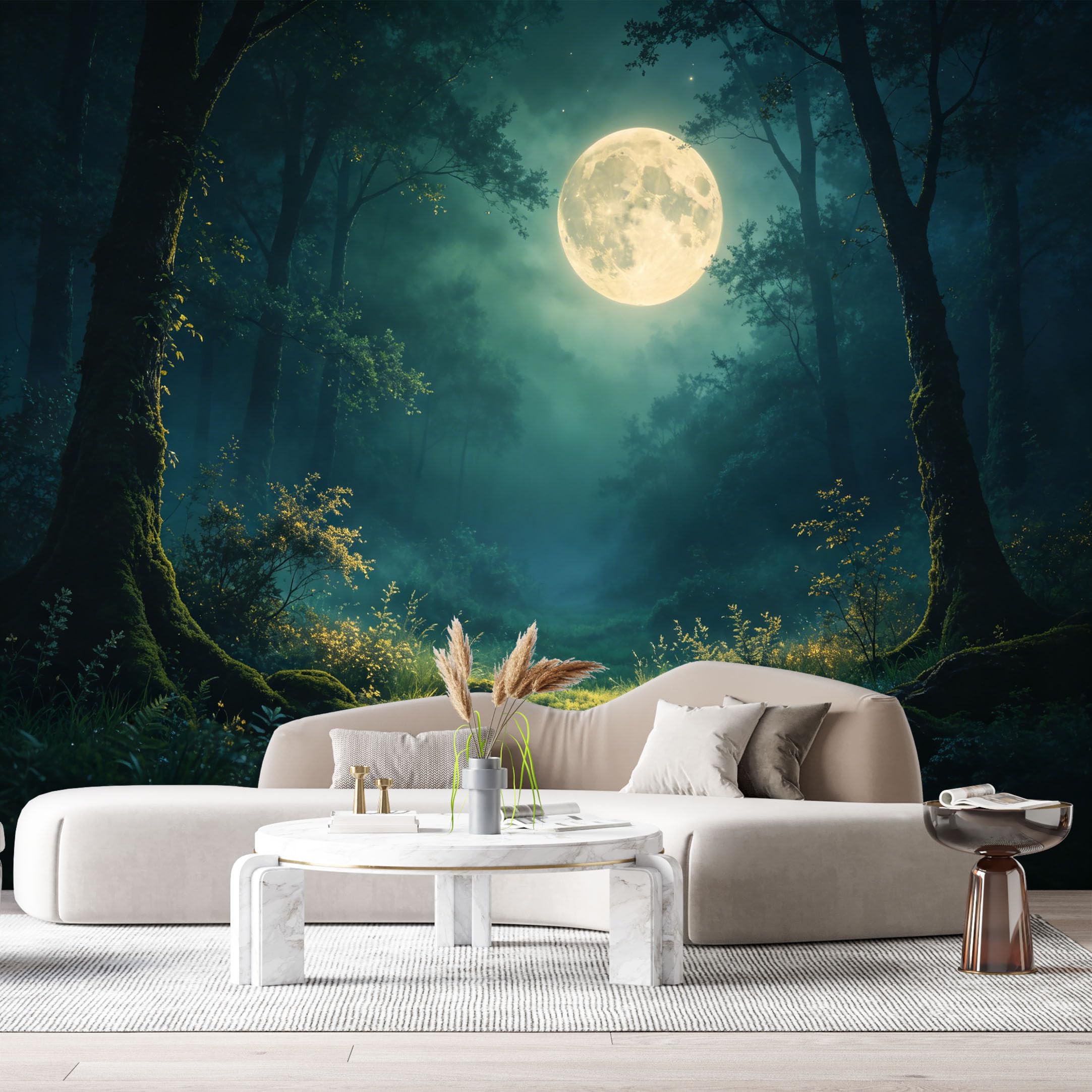 Custom Size Wall Murals Moonlit Forest Landscape Watercolor Night Glow SelfAdhesive Wall Fabric Removable Large Wallpaper for Photo Living Room
