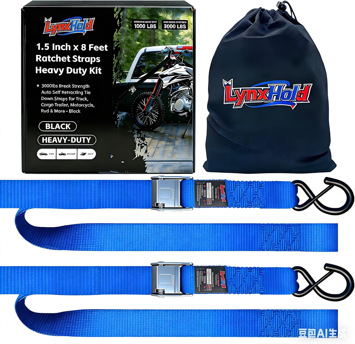 Motorcycle Tie Down Straps, 3000lbs Break Strength, 1.5" x 8' Heavy Duty Ratchet Tie Down Strap Set with Steel Cambuckle, Coated S Hook, Soft Loop for Motorcycle, Kayak, Car, Truck, Dirt Bike, Blue