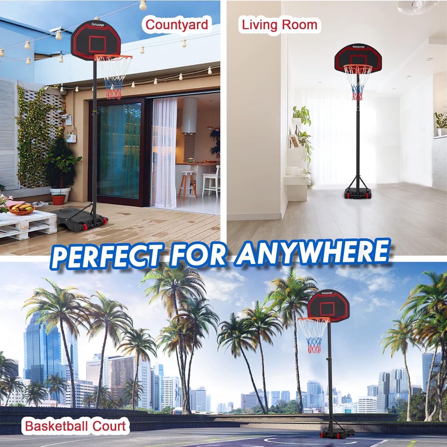 Outspurge Kids Adjustable Basketball Hoop Portable 5.5Ft-8.2Ft 5 Height Levels Basketball Goals with 2 Wheels &Large Shatterproof Backboard Nylon Net for Youth,Boys, Girls, Teens Outdoor Use : Sports & Outdoors