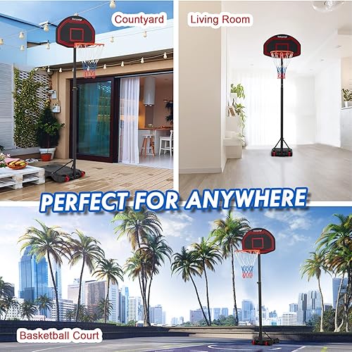 Miniatura 4 de Outspurge Aro de baloncesto ajustable para niños, portátil, de 6.3 a 8.2 pies, 5 niveles de altura con 2 ruedas y red de nailon grande inastillable