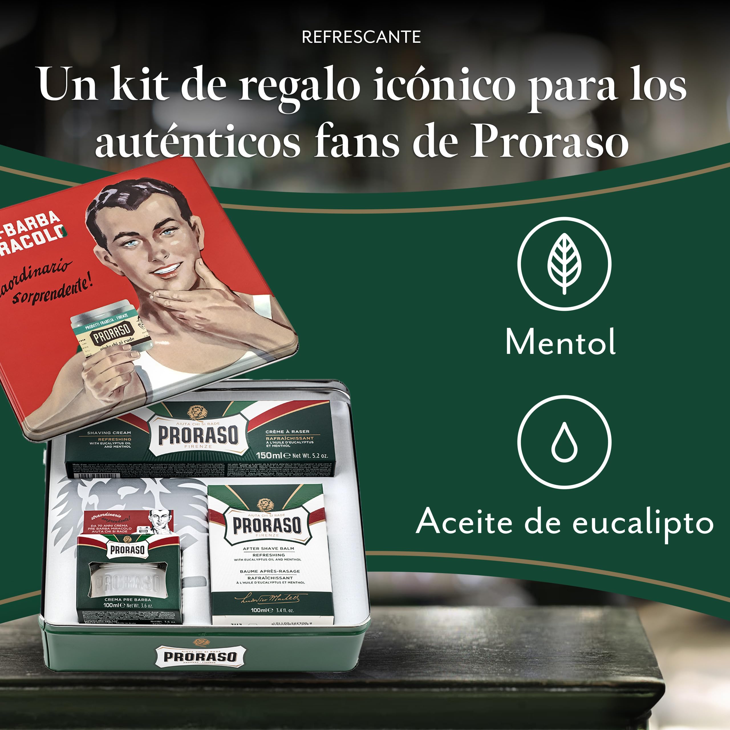 Proraso Vintage Selection Refrescante, Kit Afeitado en Lata, 3 uds | Con Eucalipto y Mentol, Crema Preafeitado + Jabón + Bálsamo, Sin Parabenos o Siliconas, Diseño Retro, Made in Italy