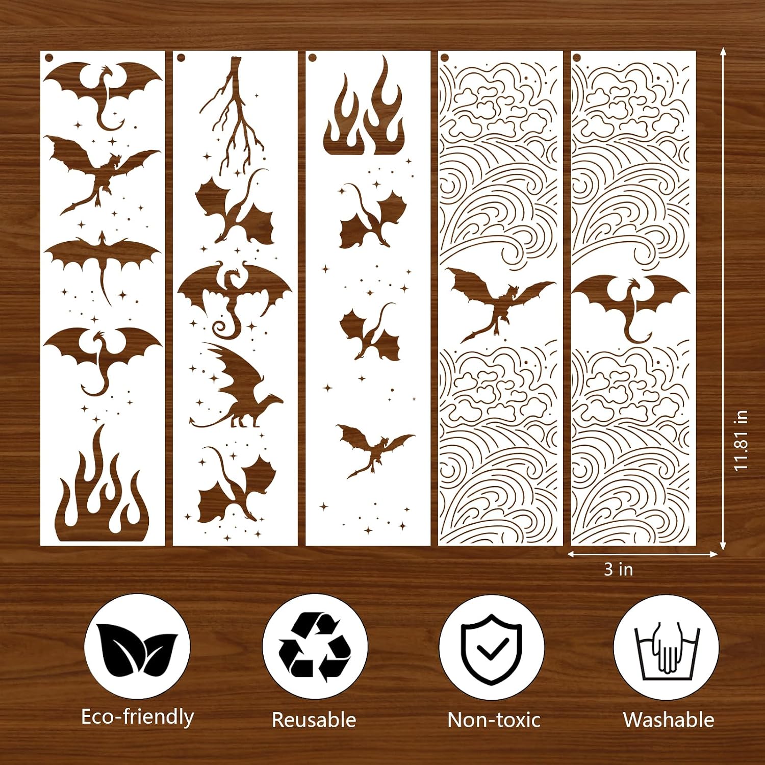 AFRITEE Flying Dragon Stencils for Painting, 16 Pcs Fantasy Reusable Book Edge Stenciling for Crafts Kit, Dragon Paint Stencils for Canvas Wall Home Floor Furniture Spray Painting Book Edge