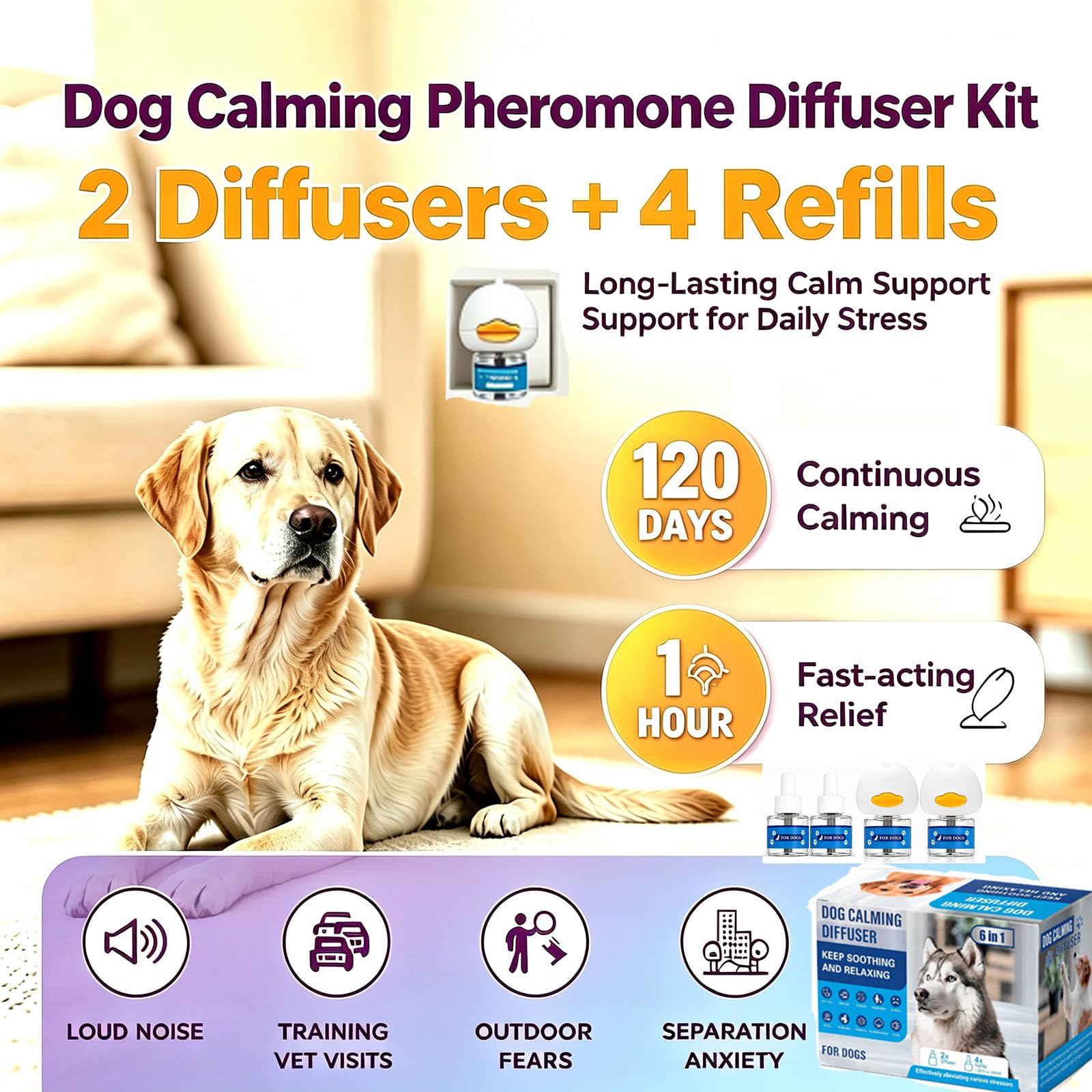 Kit diffuseur de phéromones apaisantes pour chien, 2 diffuseurs + 4 recharges, approvisionnement de 120 jours, couvre 700 m², branchement inodore pour soulager l'anxiété, le stress de