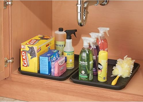 iDesign Plastic Under Sink Mat Tray for Kitchen Cabinet, Bathroom, Entryways, Office, Mudroom, College Dorm, (Set of 2), 17 X 13 X 2, Black
