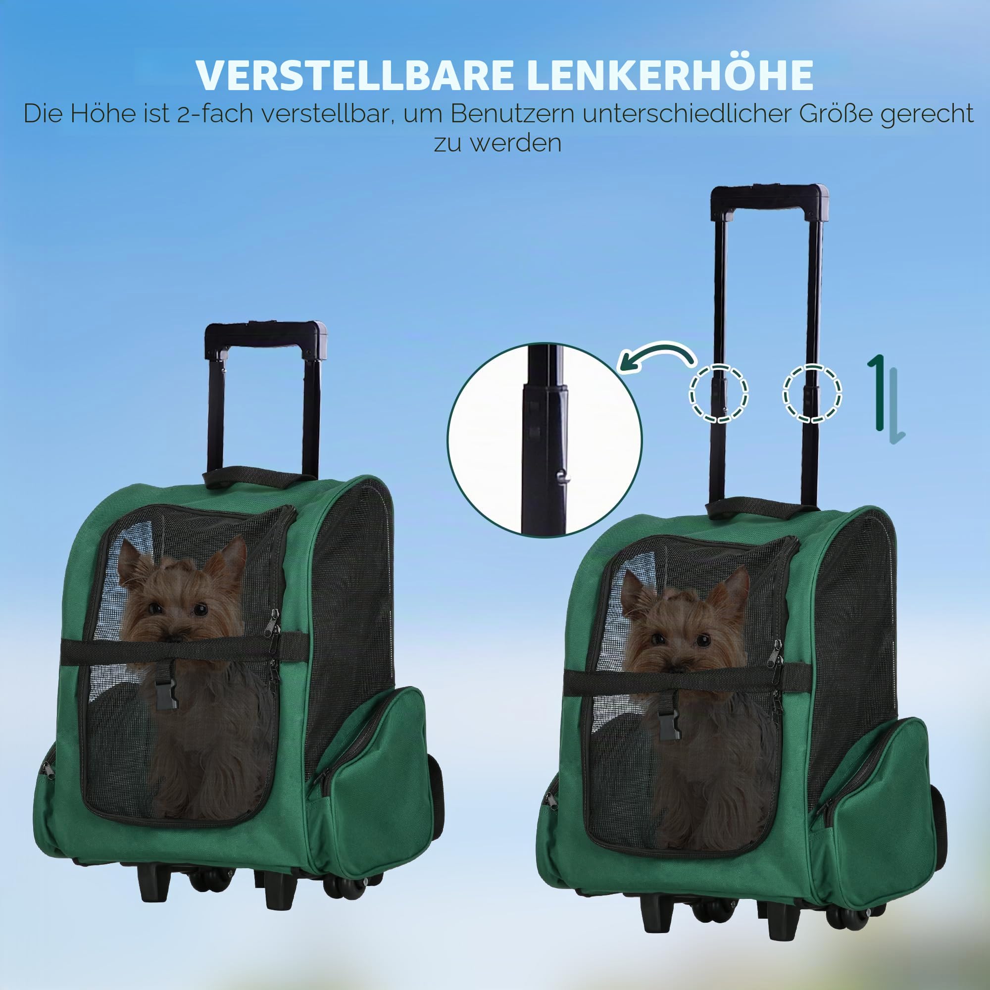 PawHut 2-in-1 Rucksackträger für Haustiere mit Rädern 42x25x55cm Grün