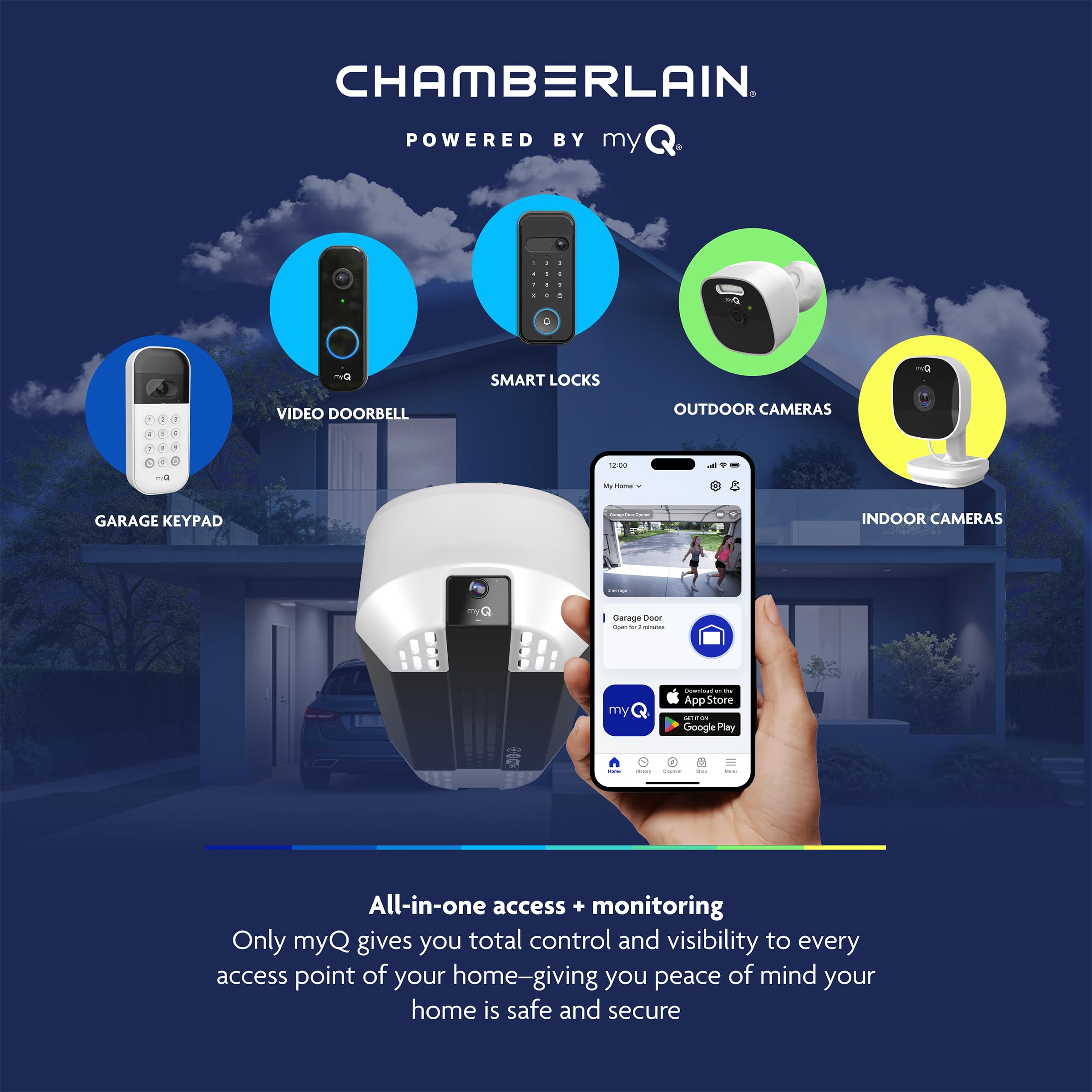 Chamberlain - Ouvre-porte de garage intelligent avec caméra fixe, batterie de secours, éclairage à 2 ampoules et connectivité myQ