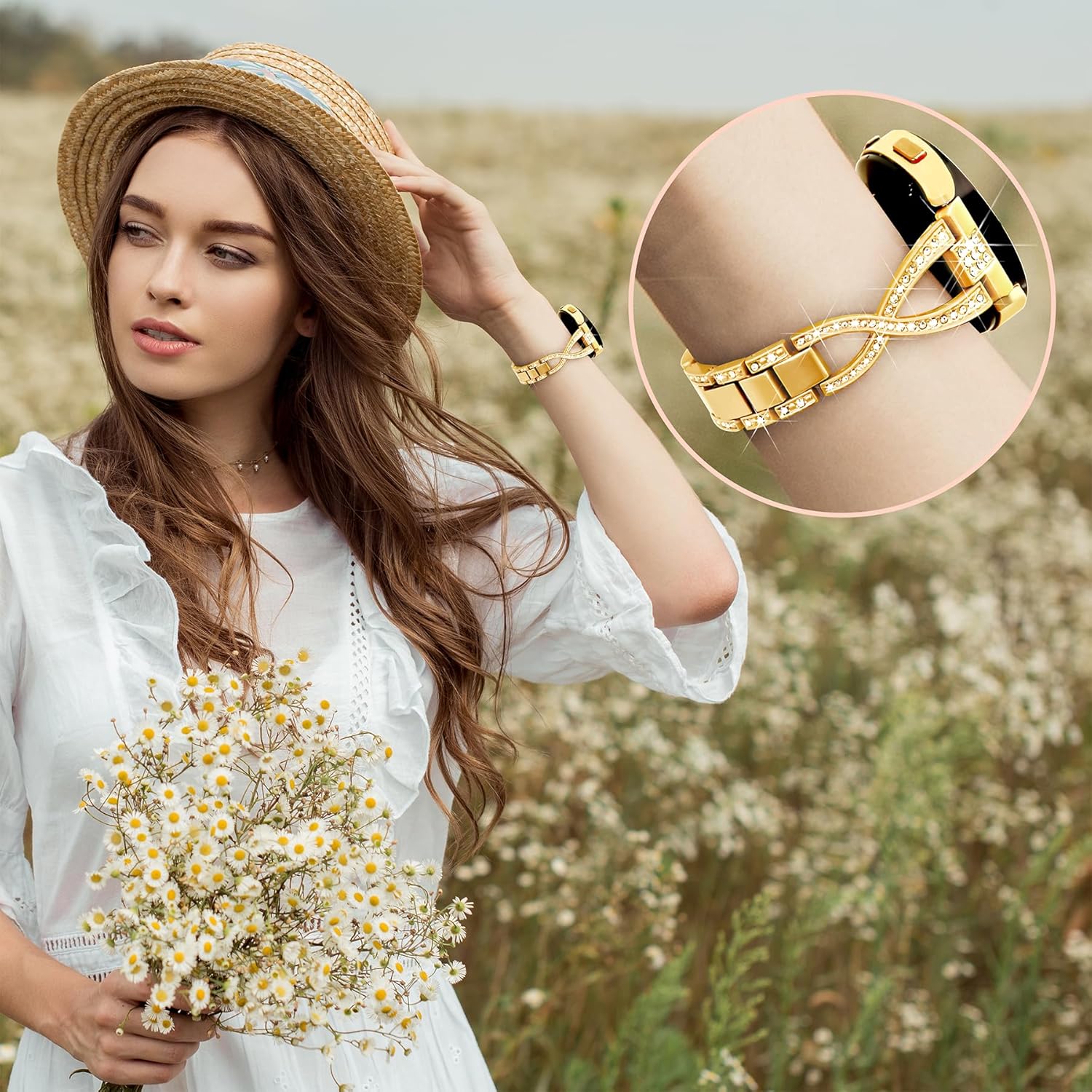 20mm X-Shape Band for Samsung Galaxy Watch 7 6 5 4 FE Band 40mm 44mm /5Pro/6 4 Cassic/Watch 3 41mm/Active 2, Women Bling Diamond Metal Strap for Samsung Watch Bands 7 6 5 4 FE-Gold - Image 6