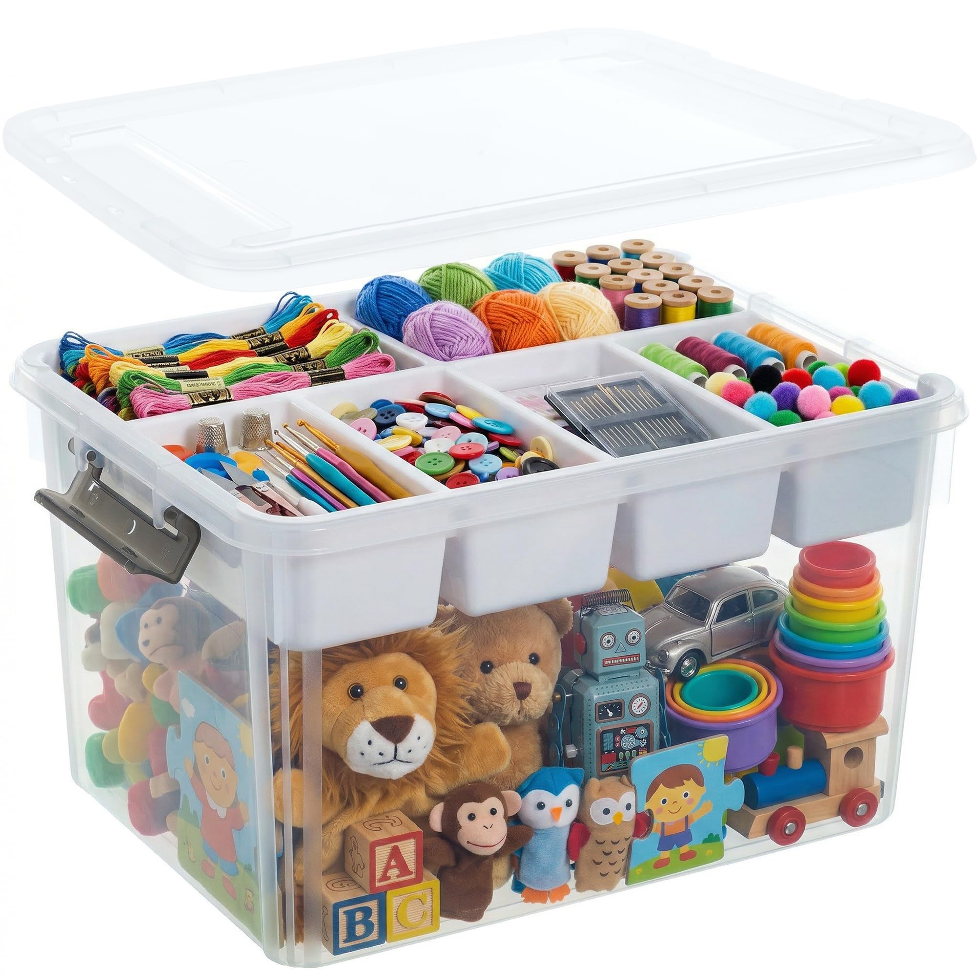 30L Aufbewahrungsboxen für Klemmbausteinen mit Deckel, Multifunktionale Kisten mit Abnehmbarem Tablett, Stabile Plastikbox, Bastelaufbewahrungs box für Organisation von Werkzeug, Handwerk, Wollgarn