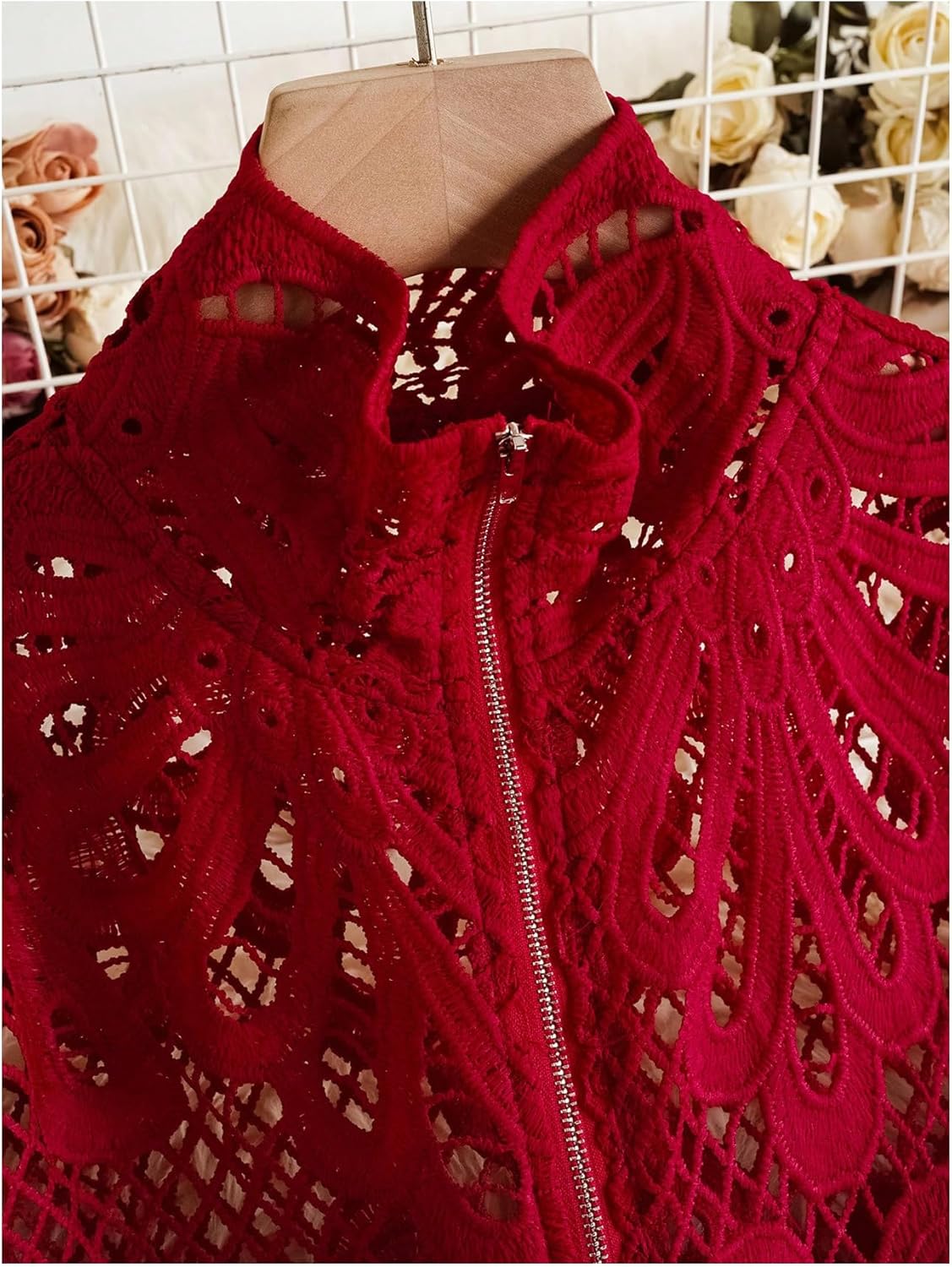 WDIRARA Women's Hollow Out Lace Zip Up Blouse Long Lantern Sleeve Crochet Shirts - Image 3