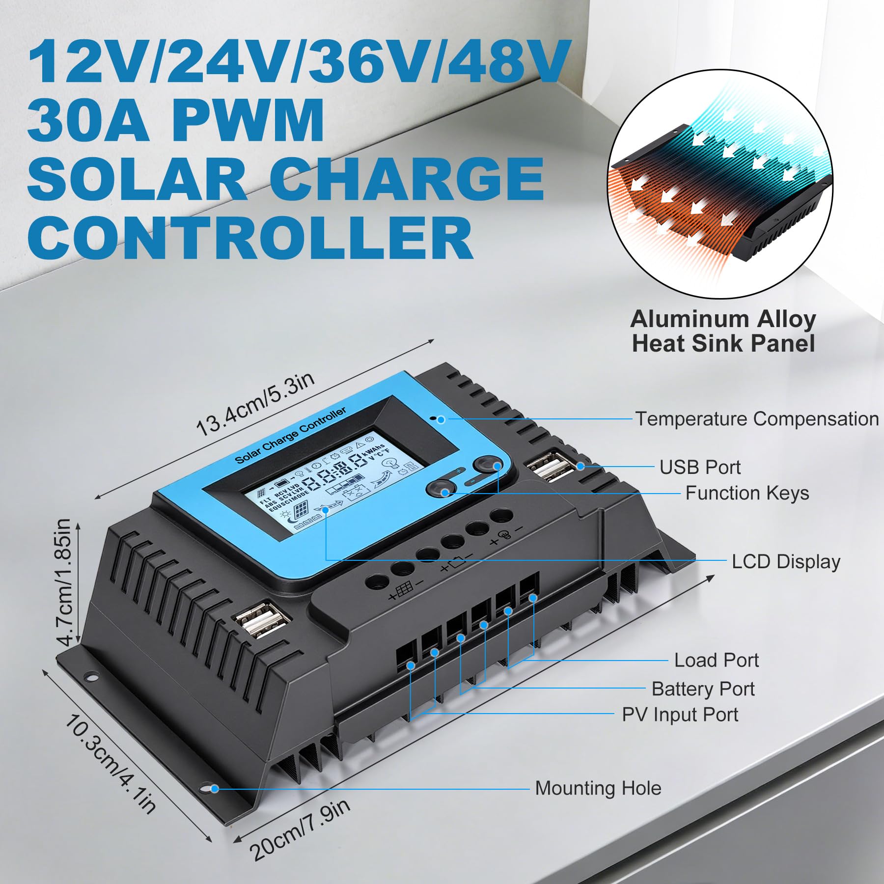 30A Contrôleur de Charge Solaire 12V 24V 36V 48V Avec Bluetooth, PWM 30A Régulateur Charge Solaire avec Capteur Température, Rétroéclairé LCD Écran, 4 ports USB, pour Plomb Acide et lithium Batterie