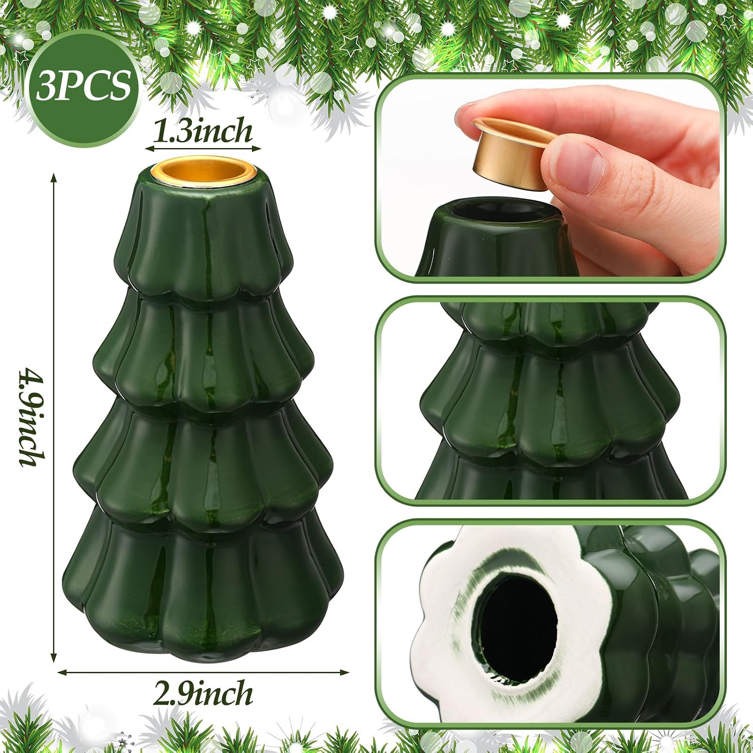 Mumufy 3 Pcs Ceramic Christmas Tree Candle Holder Decor Green Christmas Tree Tabletop Decoration Vintage Decorative Porcelain Taper Candlestick for Winter Holiday Farmhouse Fireplace Centerpiece Decor