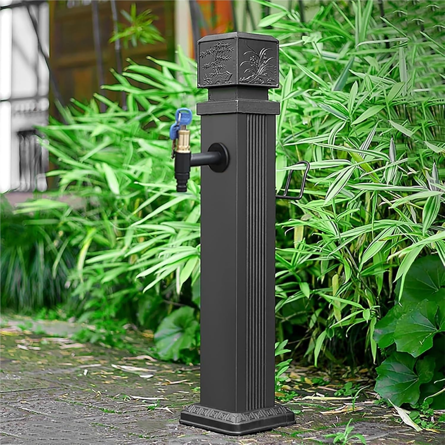 Outdoor Vertical Garden Water Column Fountain Dispenser, Decorative Hydrant Water Feature (Black, 29in) - Perfect for Patios, Gardens, and Landscaping
