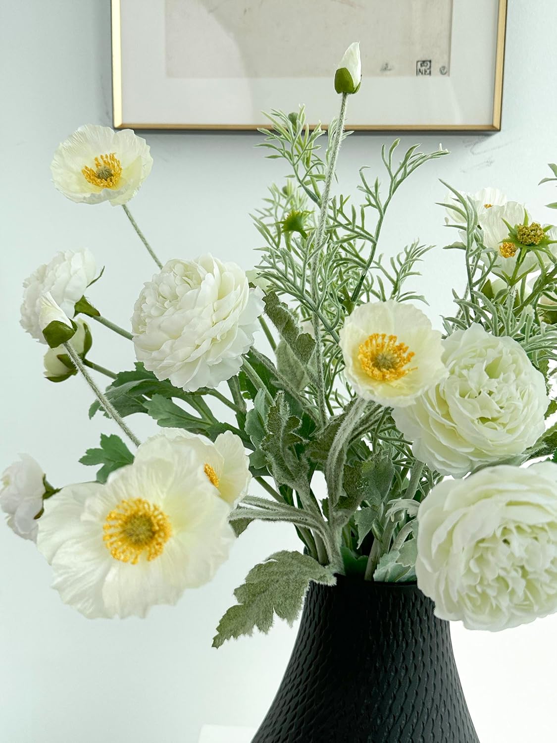 Silk Flowers with Stems for Tall Vase, Fake Flowers with White Peonies Poppies and Fake Greenery Stems mixed for Home Office Farmhouse Table Indoor Spring Decorations, Birthday Wedding Gift Decor