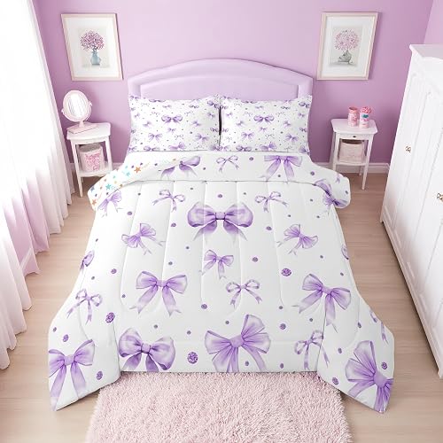 Erosebridal Cute Purple Bow Full Comforter Set for Girls | Purple Ribbon Bow Tie
