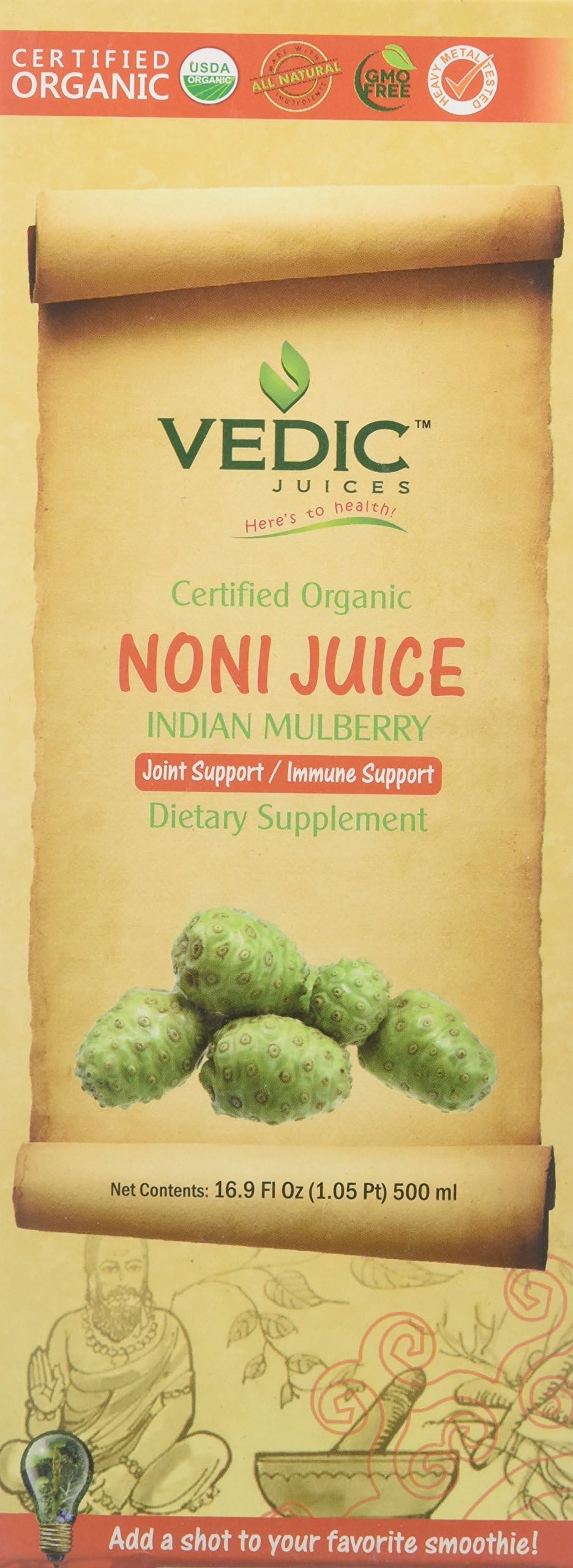 Vedic Juices, Noni Juice (Indian Mulberry) Certified Organic, 500 Milliliter(mL)