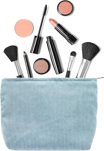 Miniatura 4 de PAZIMIIK Bolsa de maquillaje de pana con cremallera grande, Pana Azul