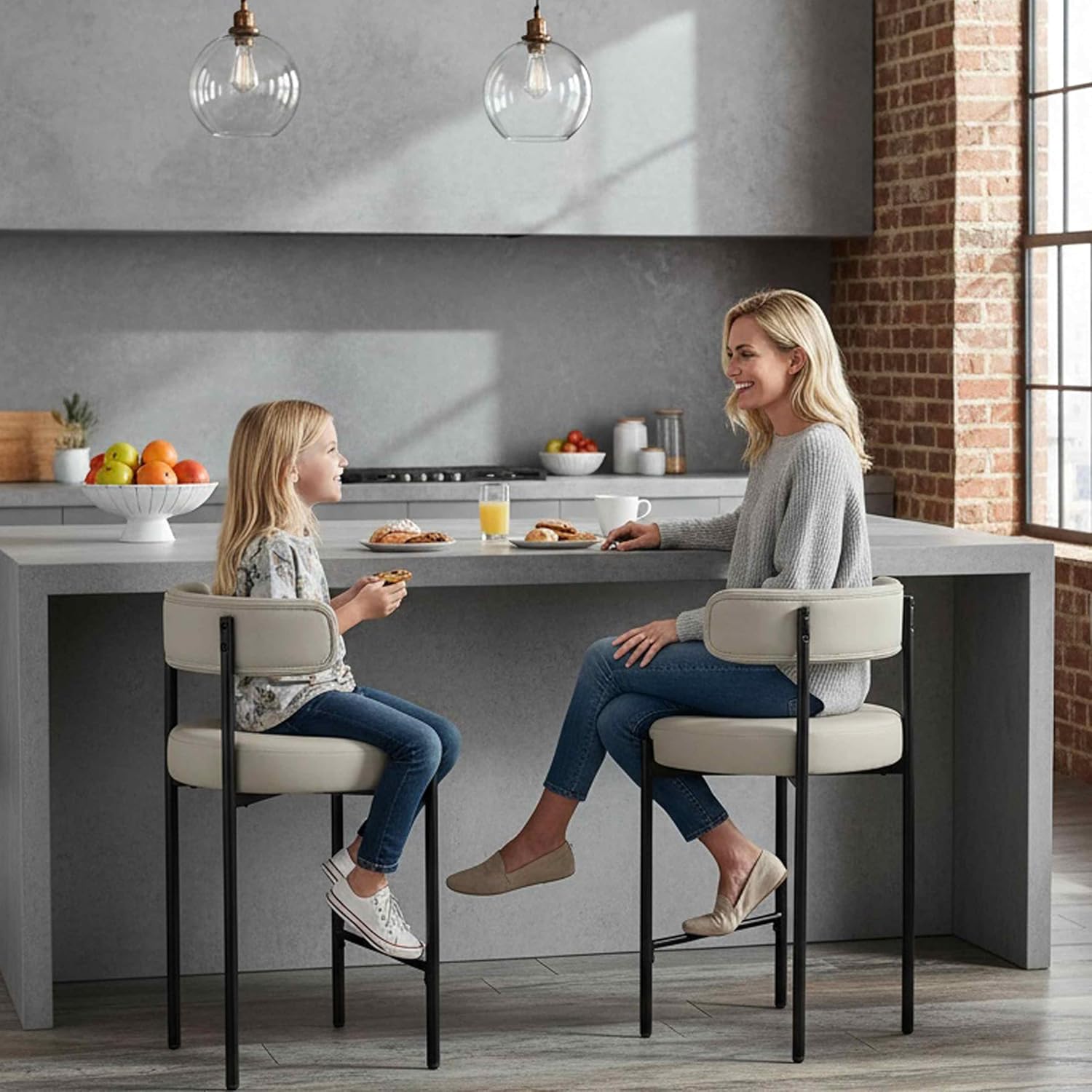 Counter Height Bar Stools Set of 3, 24'' Faux Leather Bar Stools with Back, Mid-Century Modern Bar Chairs for Kitchen Island, Dining Room, Vegan Leather, Beige Grey