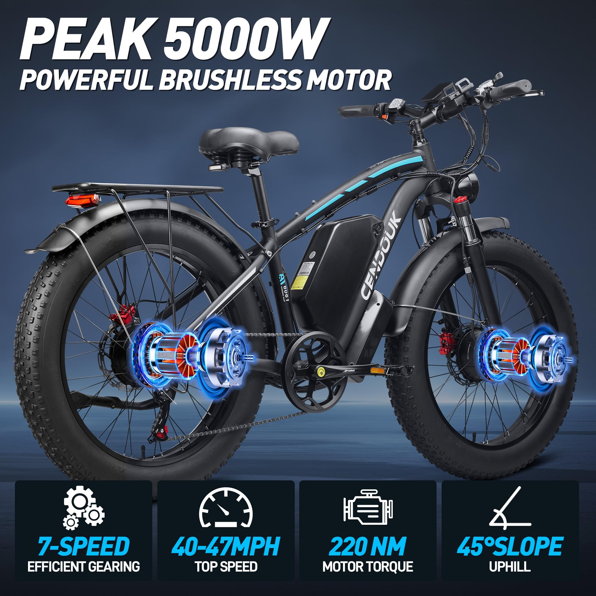 Peak 5000W Dual Motor E-Bike – 52V 32Ah Battery, 40-47MPH, 100-Mile Range Fat Tire Electric Bike
