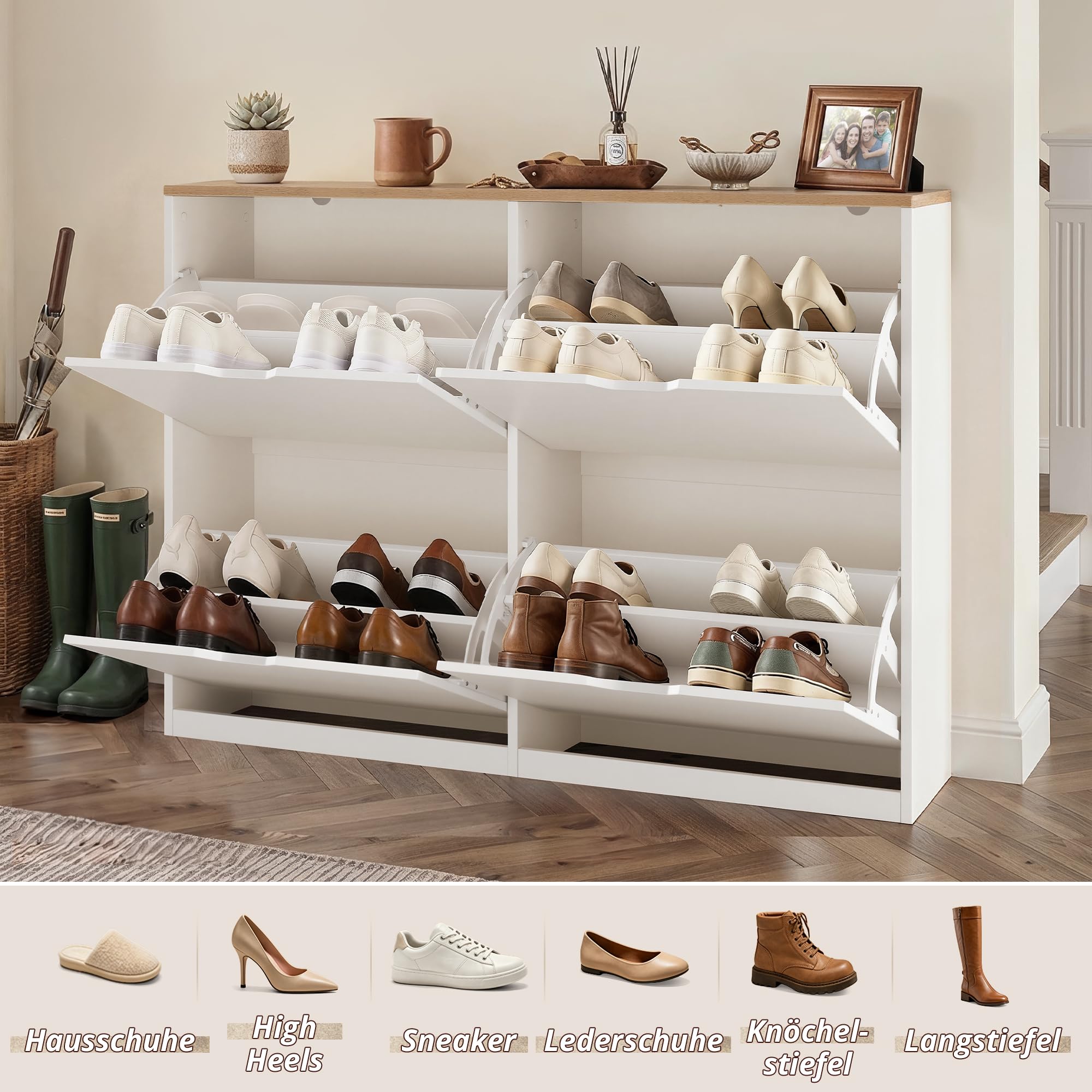 LUE BONA Schuhschrank mit 4 Flip-Klappen,Schuhschrank Schmal 23 cm Tiefe,Schuhkipper Geschlossen mit Verstellbaren Trennwänden für Flur,Eingangsbereich,16 Paar Schuhe,110 x 23 x 80,Weiß+Naturholz